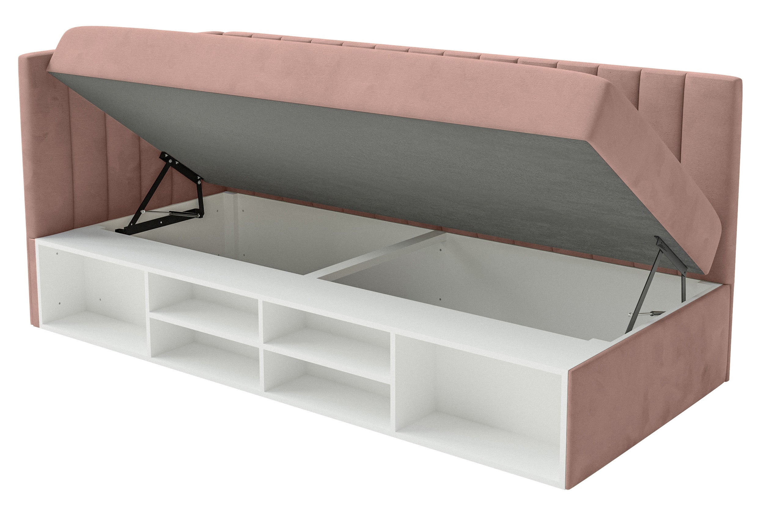 Jugendbett 90x200 cm Ventrio linksseitig mit Stauraum und Regalen, hellrosa Velours, wasserabweisend und leicht zu reinigen