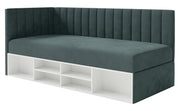 Jugendbett 90x200 cm Ventrio linksseitig mit Stauraum und Regalen, blau-grau, Velours, wasserabweisend und leicht zu reinigen
