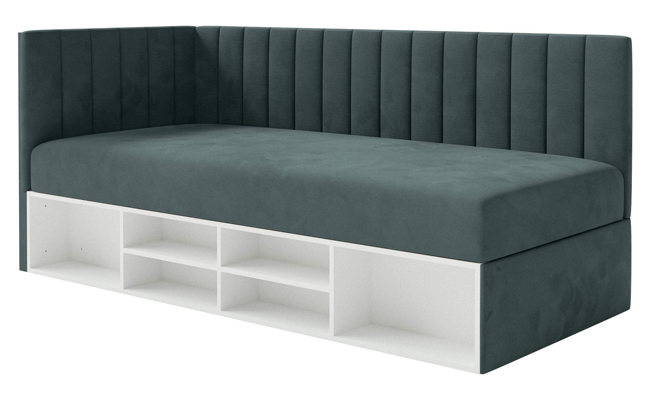 Jugendbett 90x200 cm Ventrio linksseitig mit Stauraum und Regalen, blau-grau, Velours, wasserabweisend und leicht zu reinigen