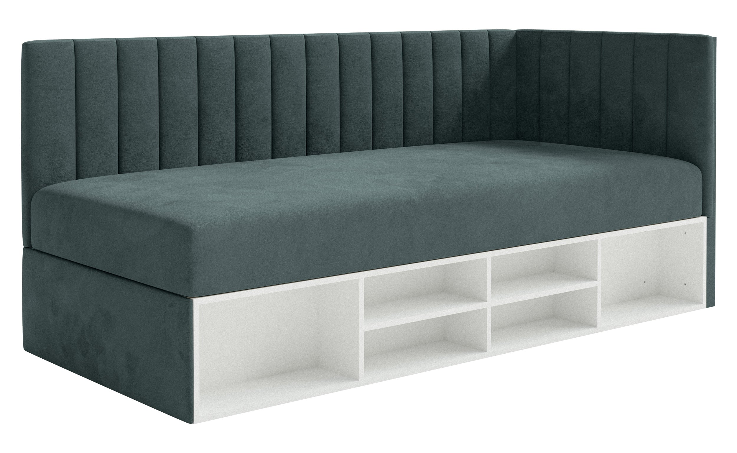 Jugendbett 90x200 cm Ventrio rechtsseitig mit Stauraum und Regalen, blau-grauer Velours, wasserabweisend und pflegeleicht