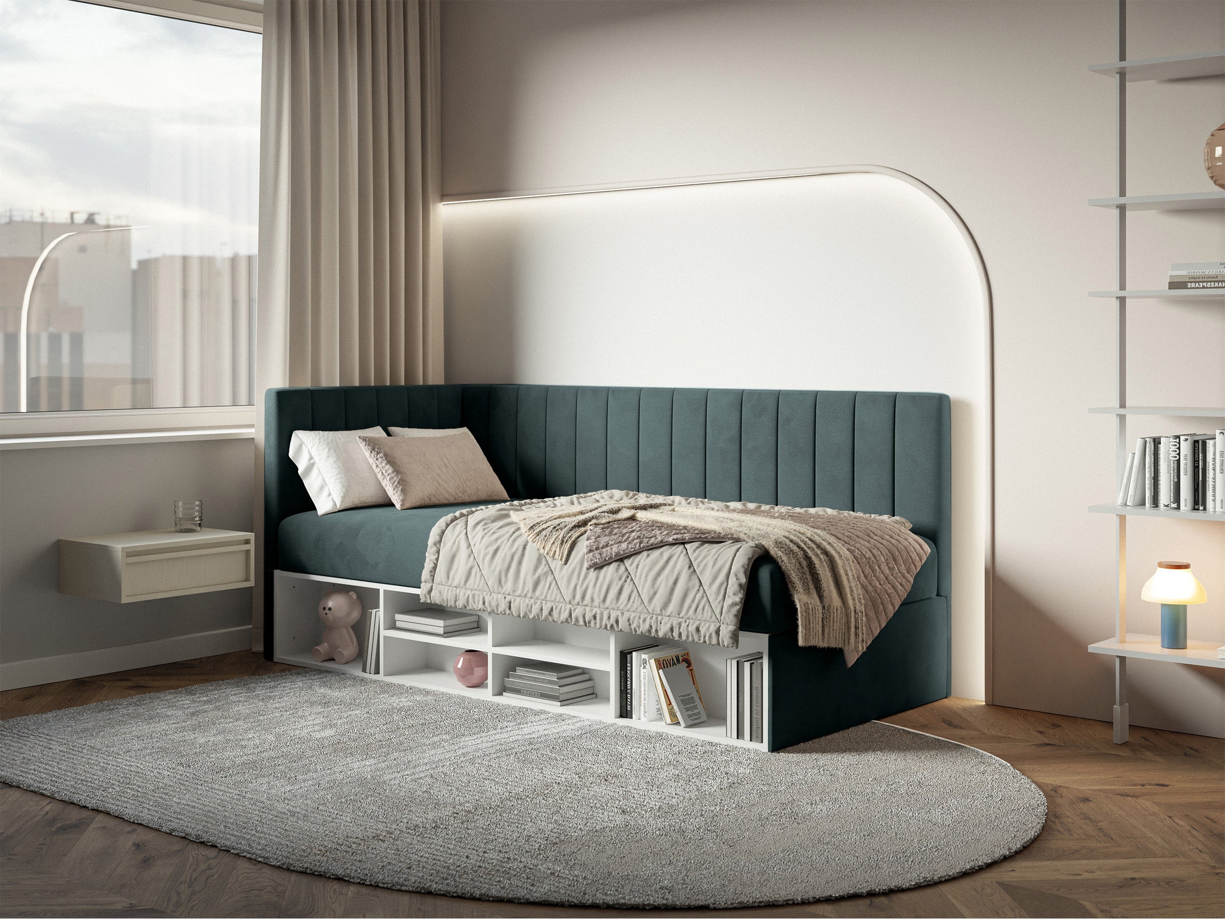 Jugendbett 90x200 cm Ventrio linksseitig mit Stauraum und Regalen, blau-grau, Velours, wasserabweisend und leicht zu reinigen