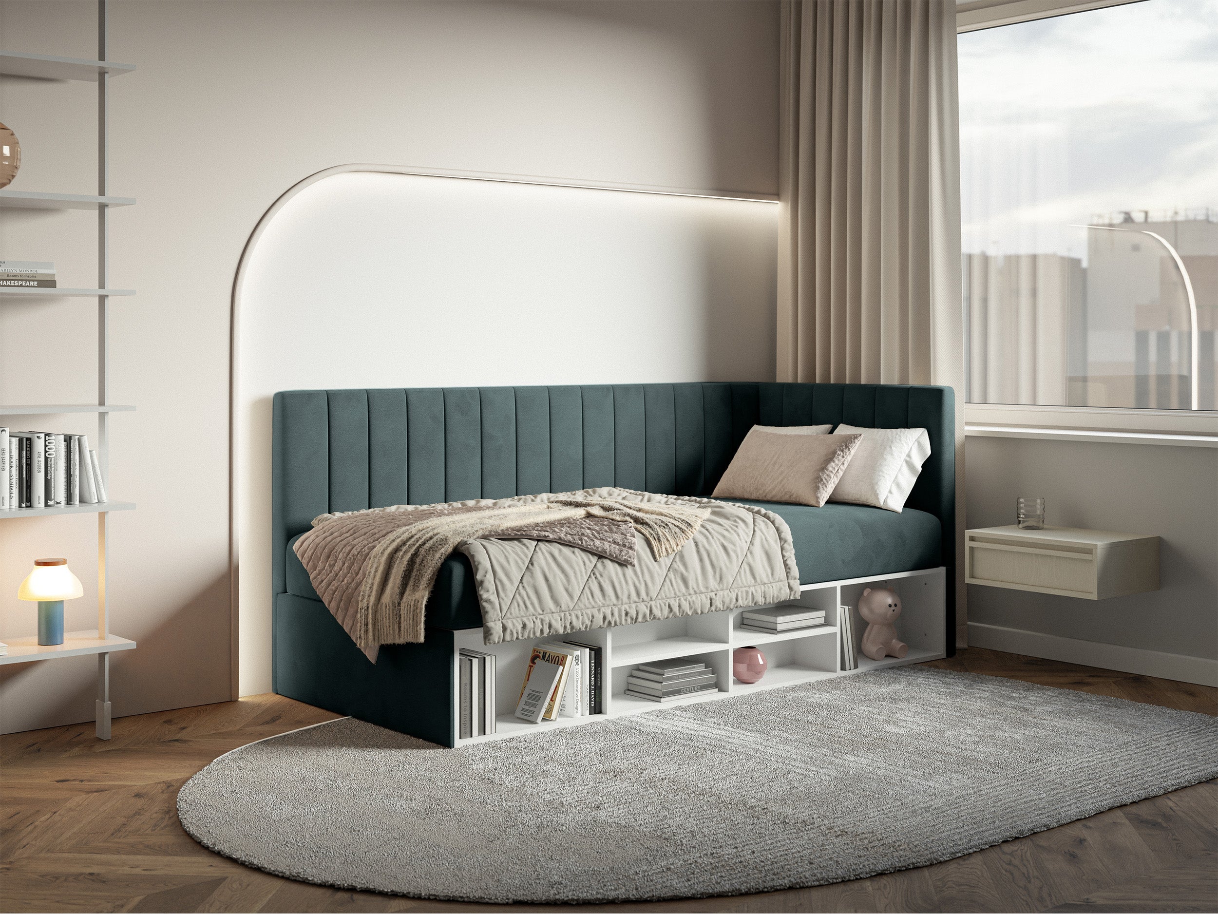 Jugendbett 90x200 cm Ventrio rechtsseitig mit Stauraum und Regalen, blau-grauer Velours, wasserabweisend und pflegeleicht
