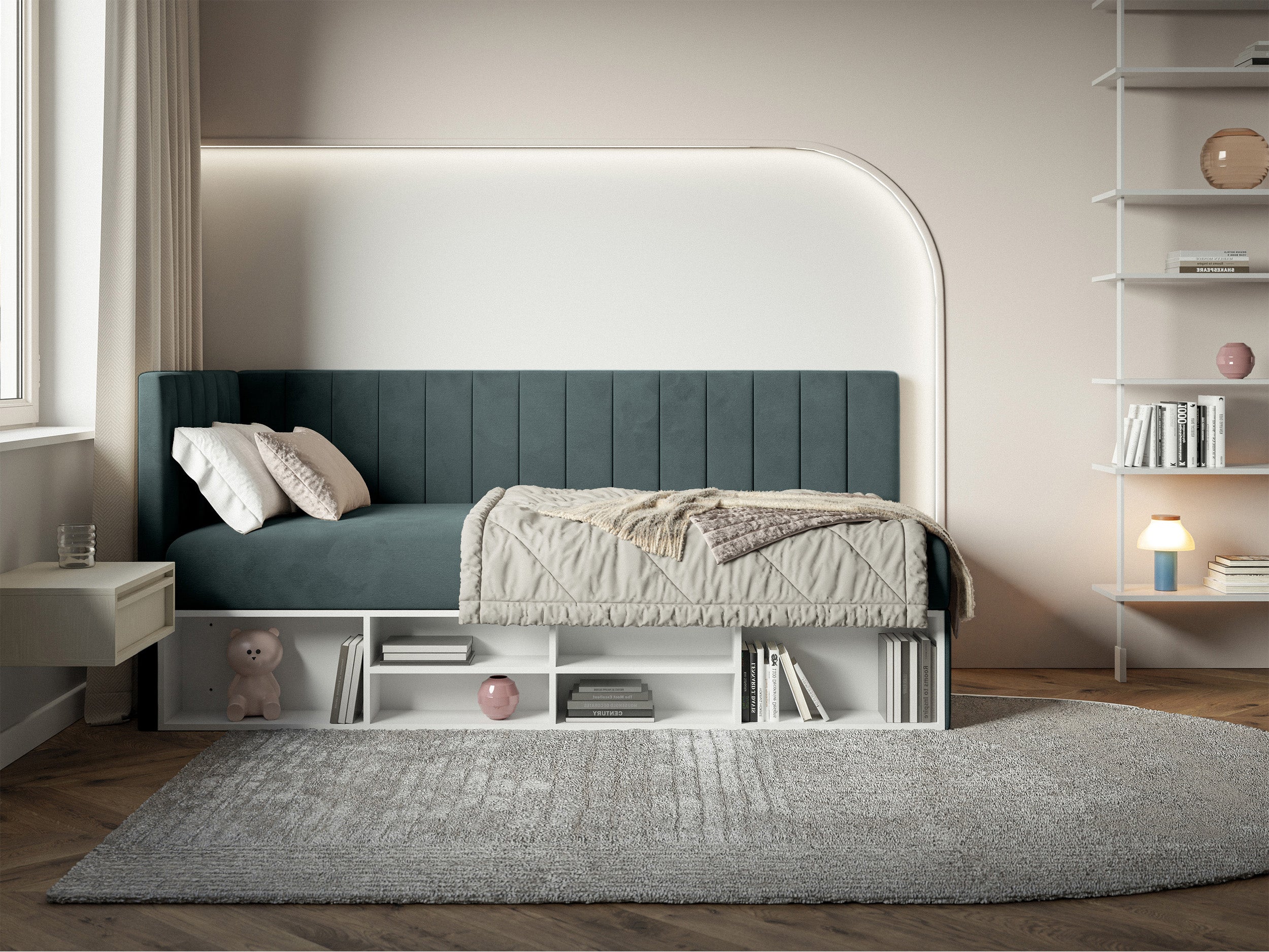 Jugendbett 90x200 cm Ventrio linksseitig mit Stauraum und Regalen, blau-grau, Velours, wasserabweisend und leicht zu reinigen