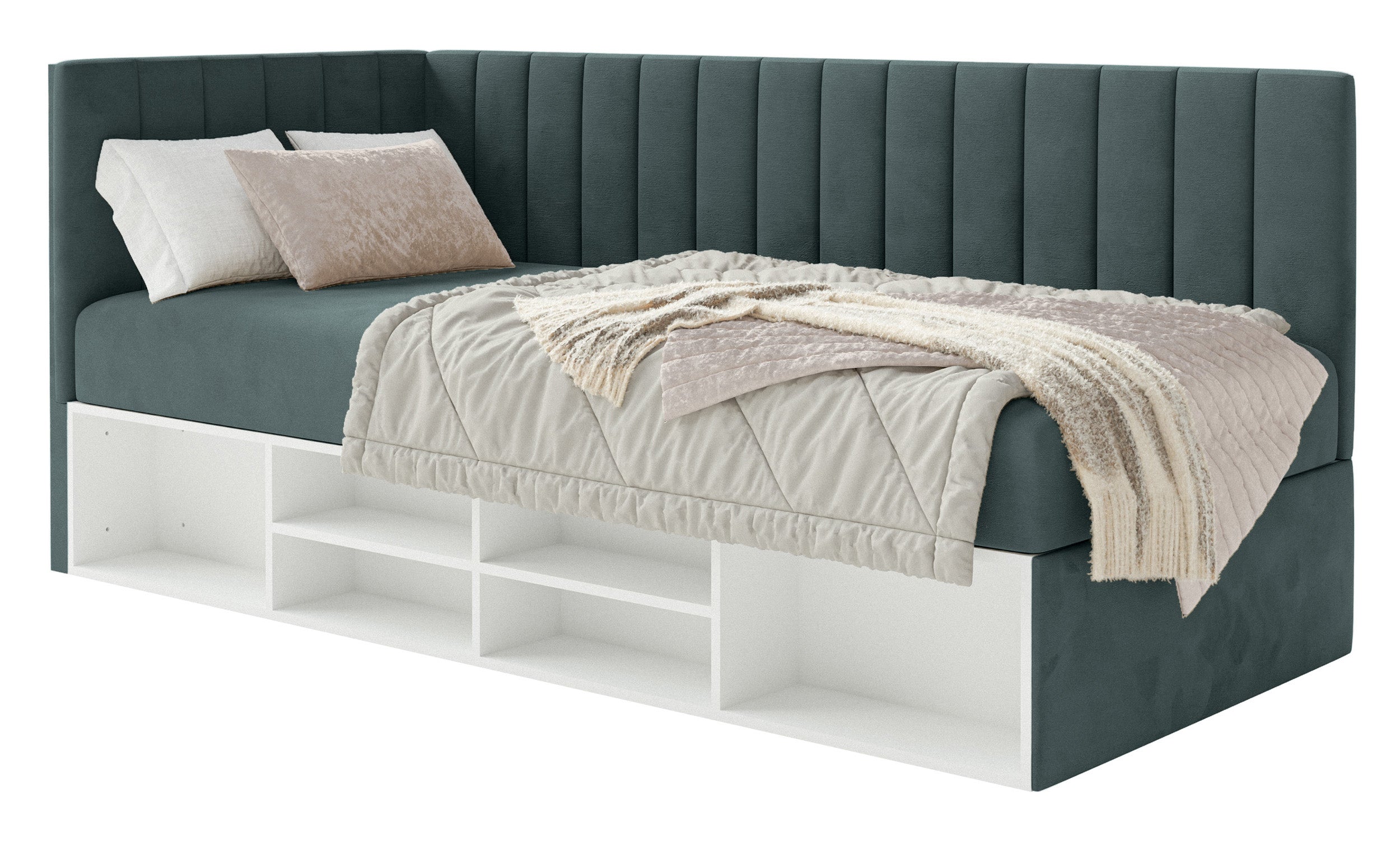 Jugendbett 90x200 cm Ventrio linksseitig mit Stauraum und Regalen, blau-grau, Velours, wasserabweisend und leicht zu reinigen