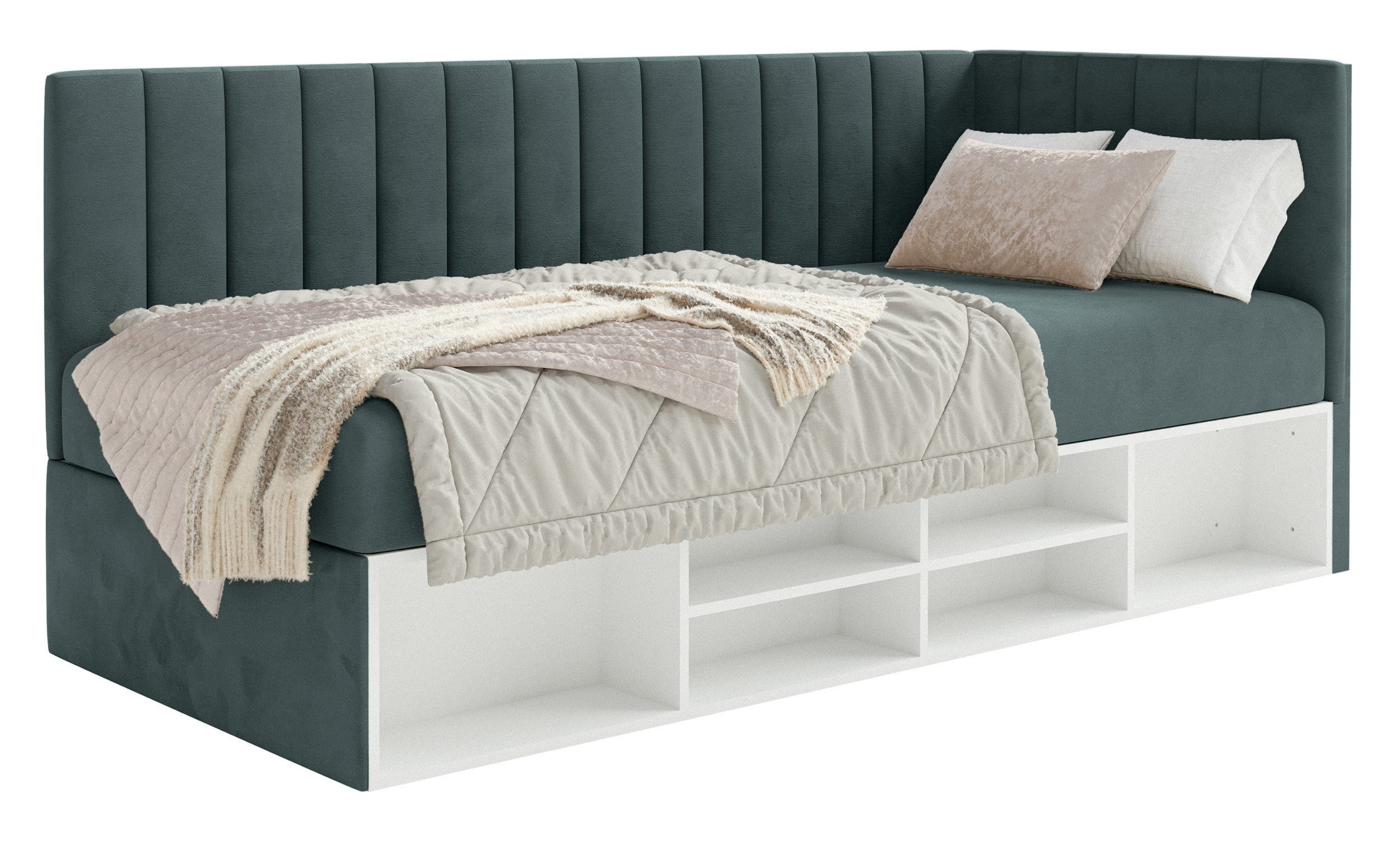 Jugendbett 90x200 cm Ventrio rechtsseitig mit Stauraum und Regalen, blau-grauer Velours, wasserabweisend und pflegeleicht