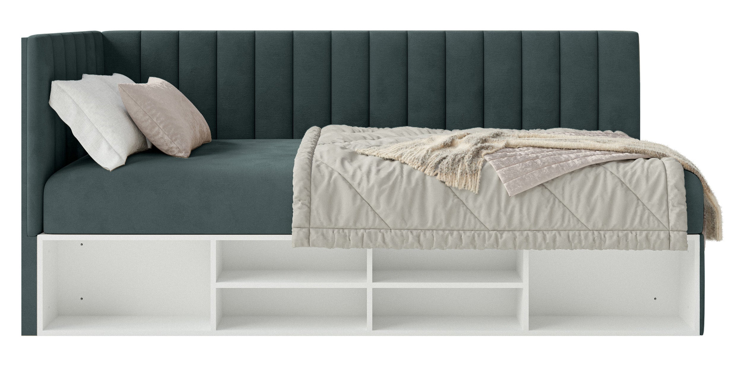 Jugendbett 90x200 cm Ventrio linksseitig mit Stauraum und Regalen, blau-grau, Velours, wasserabweisend und leicht zu reinigen