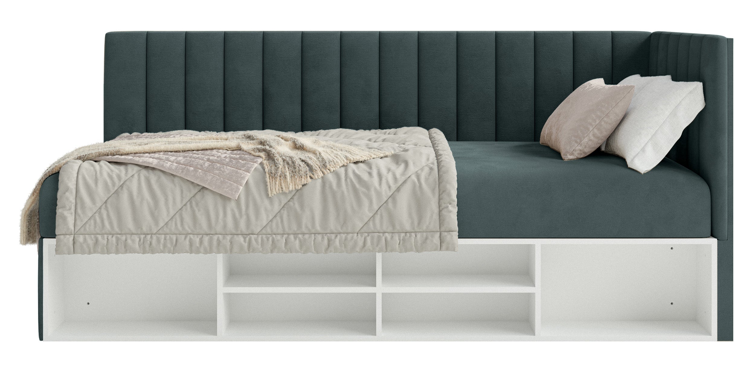 Jugendbett 90x200 cm Ventrio rechtsseitig mit Stauraum und Regalen, blau-grauer Velours, wasserabweisend und pflegeleicht