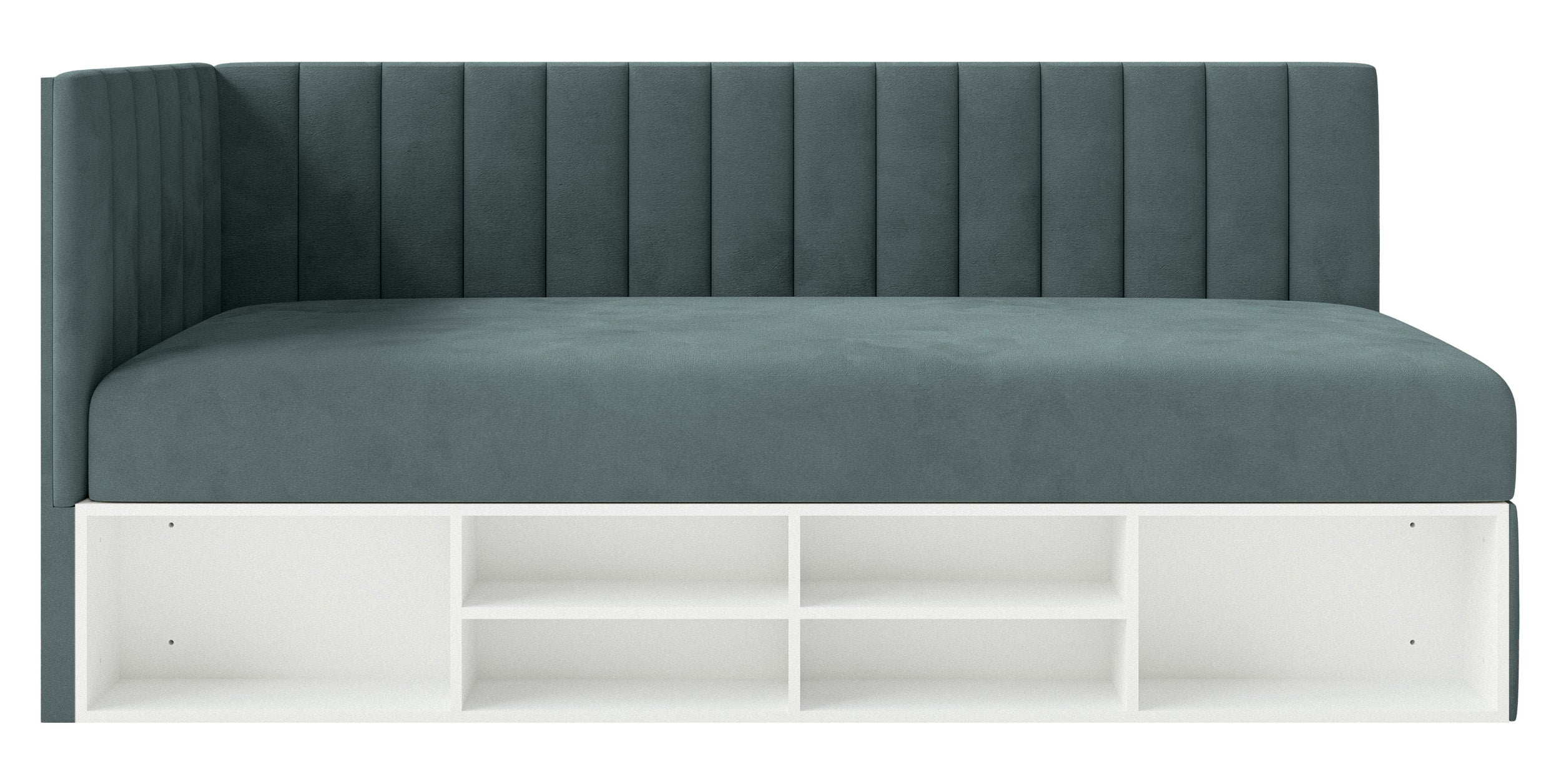 Jugendbett 90x200 cm Ventrio linksseitig mit Stauraum und Regalen, blau-grau, Velours, wasserabweisend und leicht zu reinigen