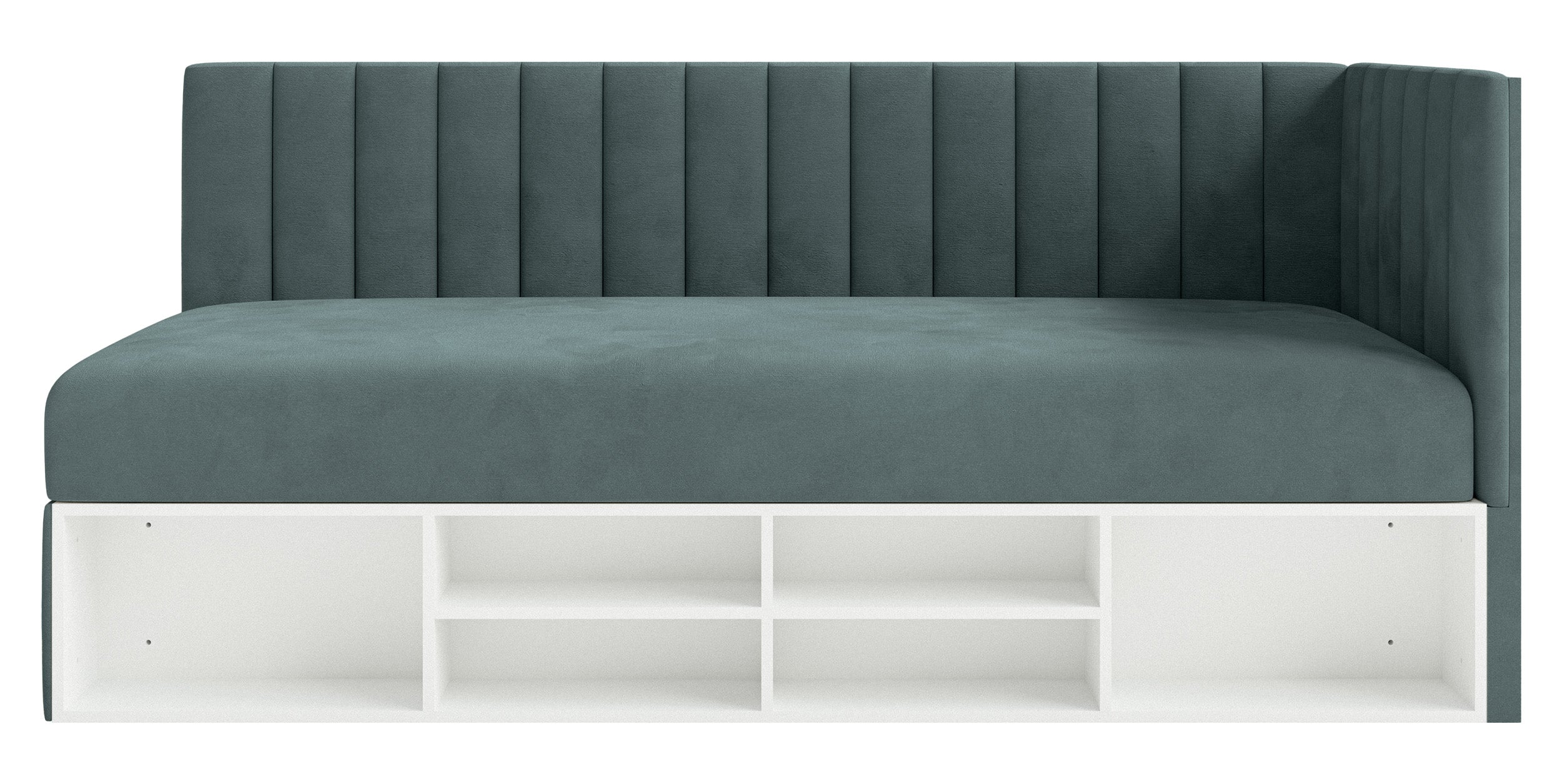 Jugendbett 90x200 cm Ventrio rechtsseitig mit Stauraum und Regalen, blau-grauer Velours, wasserabweisend und pflegeleicht