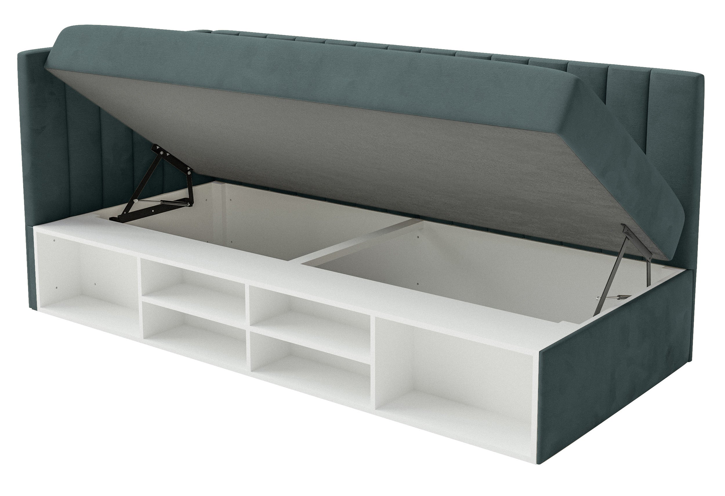 Jugendbett 90x200 cm Ventrio linksseitig mit Stauraum und Regalen, blau-grau, Velours, wasserabweisend und leicht zu reinigen