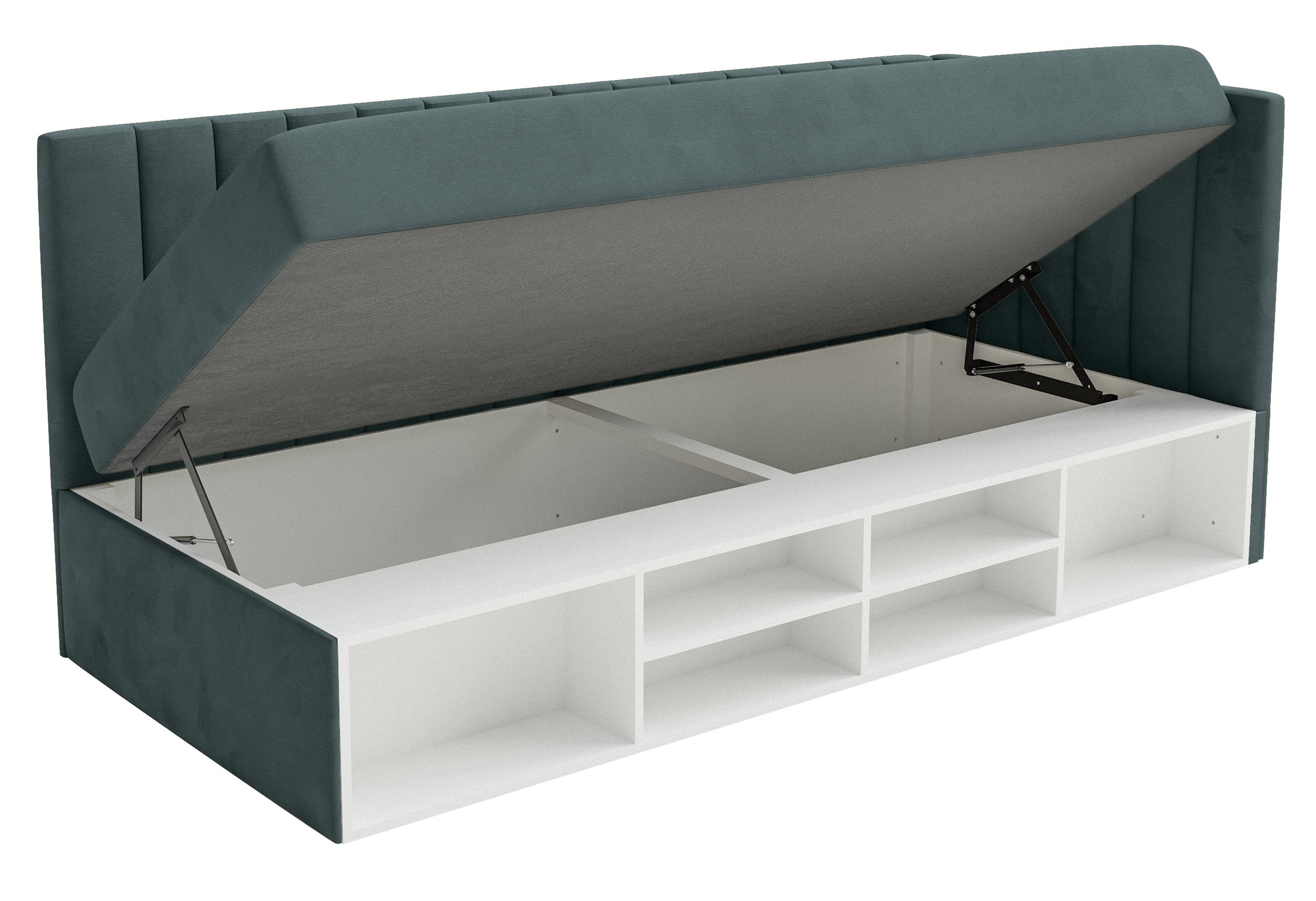 Jugendbett 90x200 cm Ventrio rechtsseitig mit Stauraum und Regalen, blau-grauer Velours, wasserabweisend und pflegeleicht