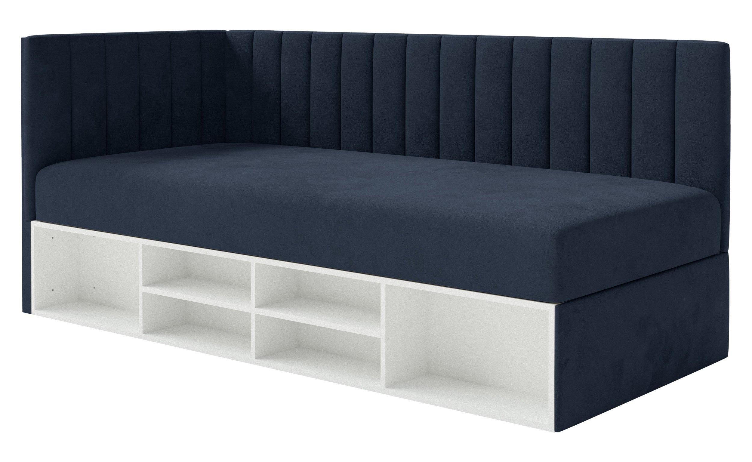 Jugendbett 90x200 cm Ventrio linksseitig mit Stauraum und Regalen, marineblauer Velours, wasserabweisend und pflegeleicht