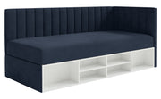 Jugendbett 90x200 cm Ventrio rechtsseitig mit Stauraum und Regalen, marineblauer Velours, hydrophob und pflegeleicht