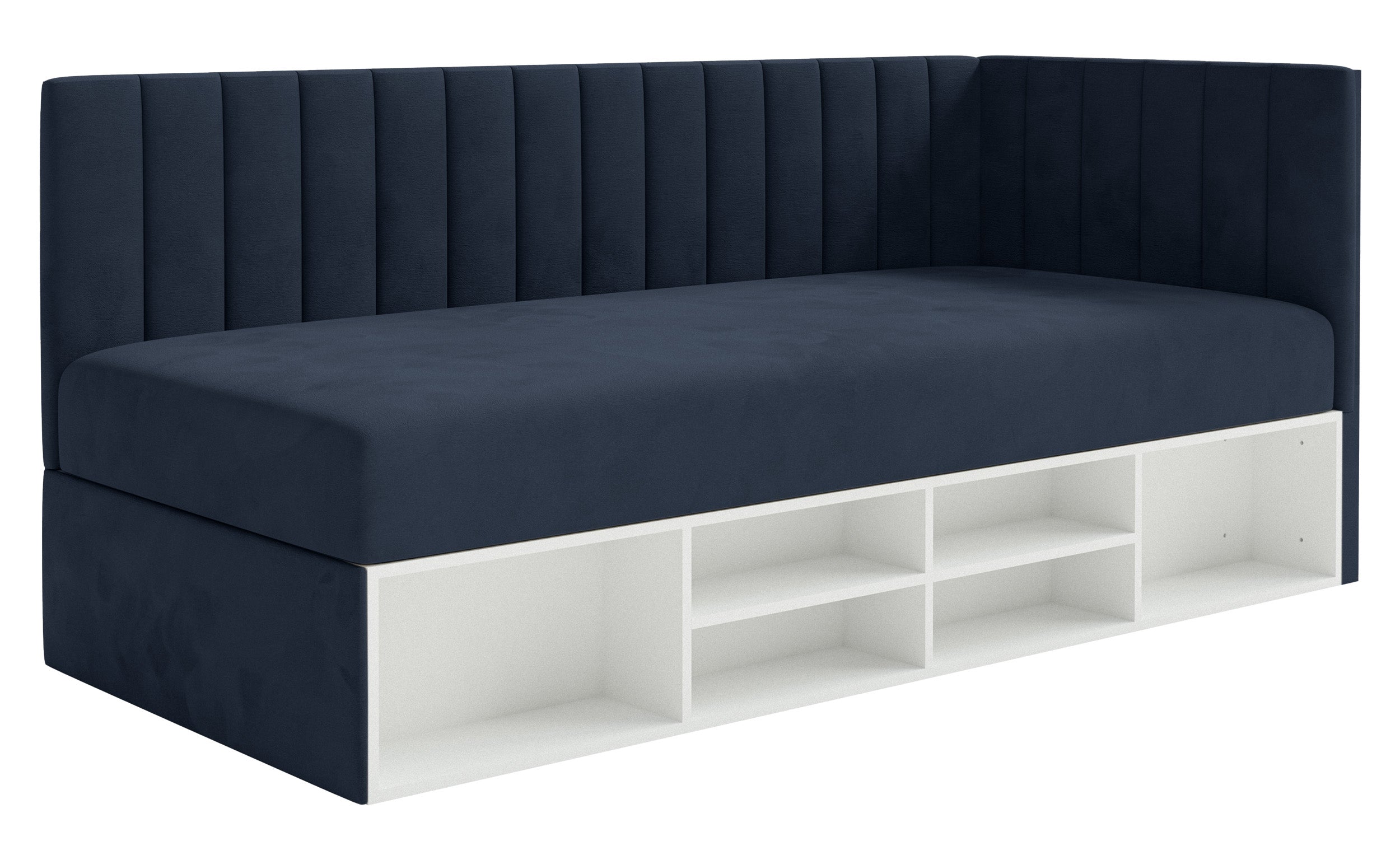 Jugendbett 90x200 cm Ventrio rechtsseitig mit Stauraum und Regalen, marineblauer Velours, hydrophob und pflegeleicht