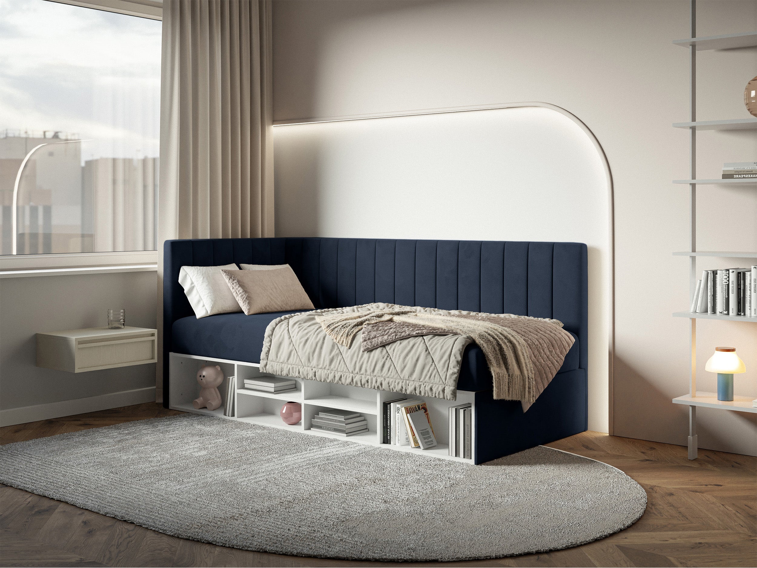 Jugendbett 90x200 cm Ventrio linksseitig mit Stauraum und Regalen, marineblauer Velours, wasserabweisend und pflegeleicht