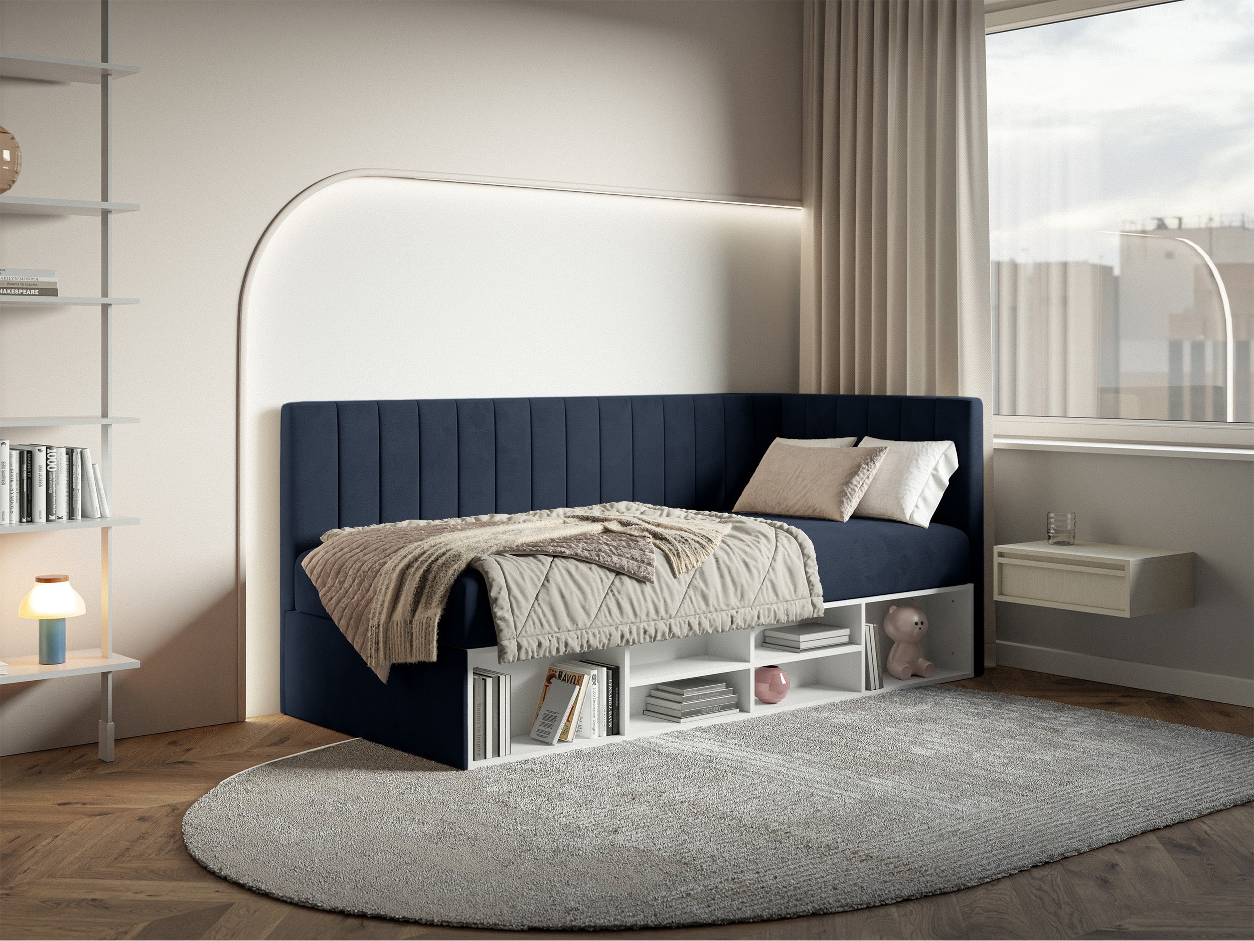 Jugendbett 90x200 cm Ventrio rechtsseitig mit Stauraum und Regalen, marineblauer Velours, hydrophob und pflegeleicht