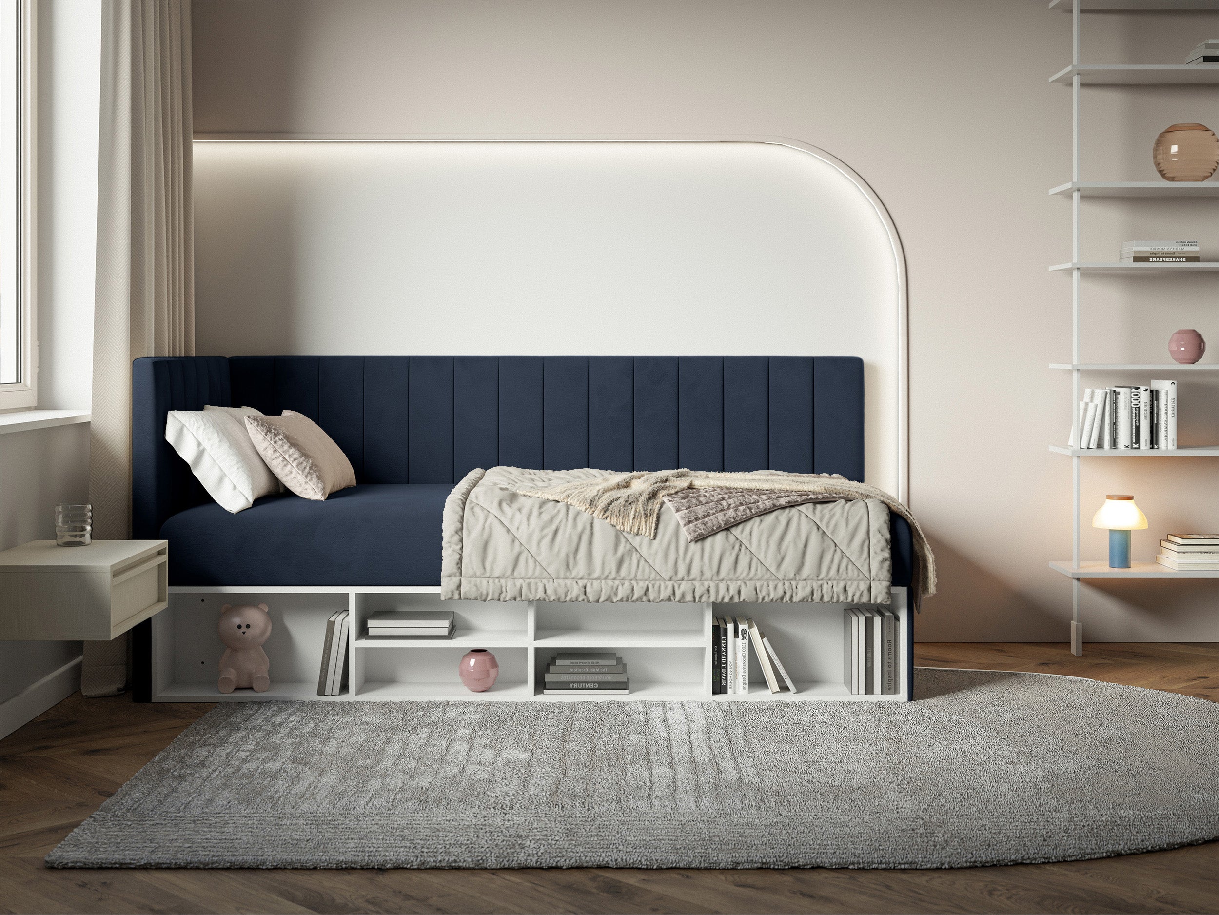 Jugendbett 90x200 cm Ventrio linksseitig mit Stauraum und Regalen, marineblauer Velours, wasserabweisend und pflegeleicht