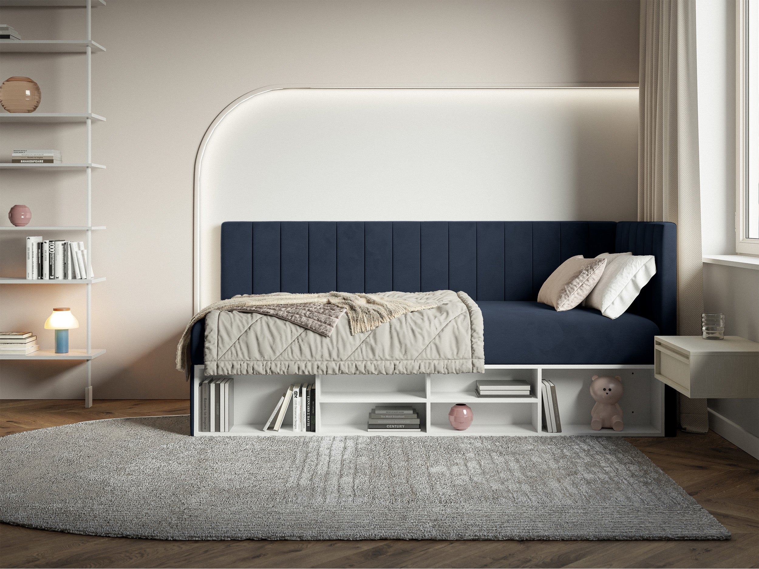 Jugendbett 90x200 cm Ventrio rechtsseitig mit Stauraum und Regalen, marineblauer Velours, hydrophob und pflegeleicht