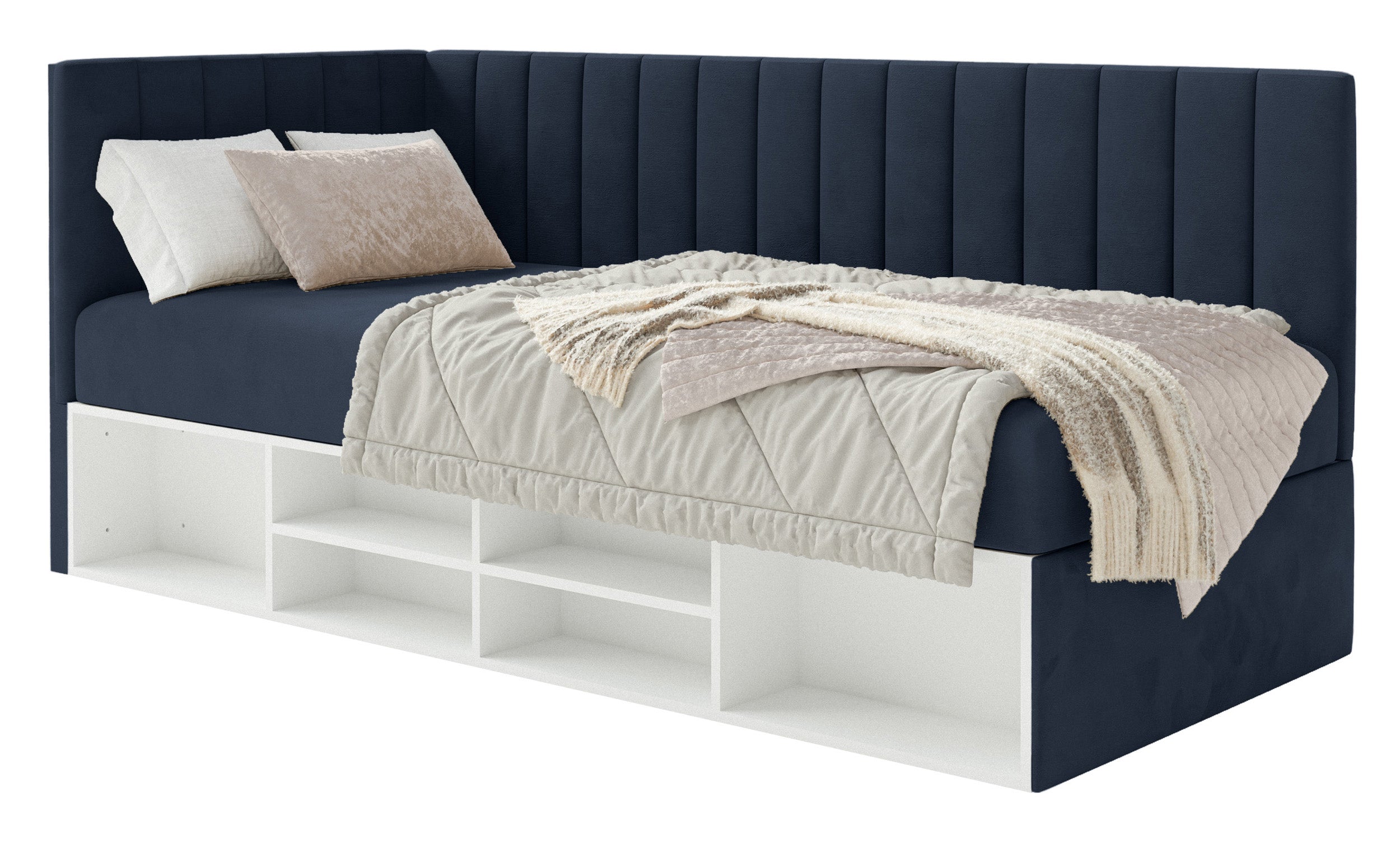 Jugendbett 90x200 cm Ventrio linksseitig mit Stauraum und Regalen, marineblauer Velours, wasserabweisend und pflegeleicht