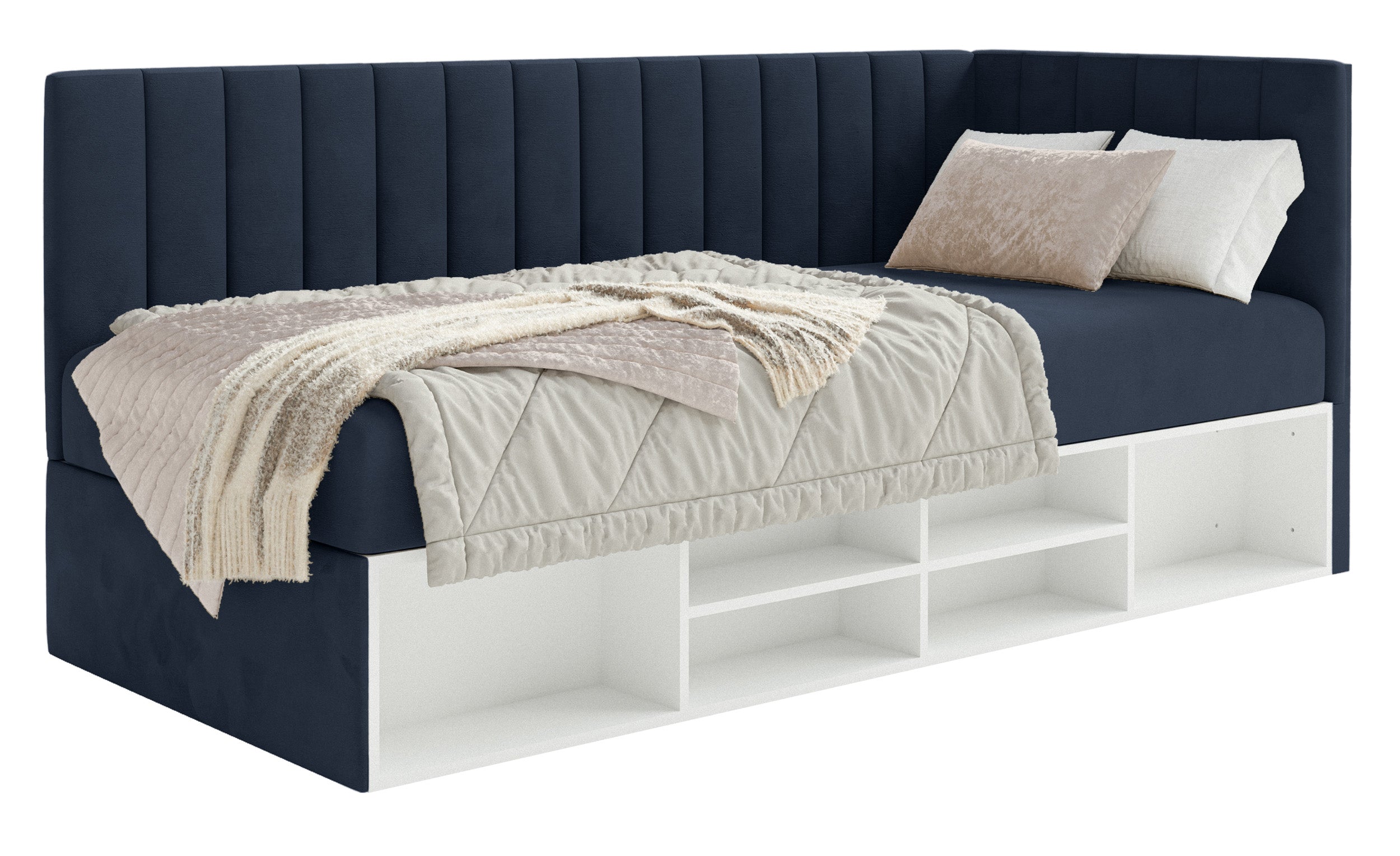Jugendbett 90x200 cm Ventrio rechtsseitig mit Stauraum und Regalen, marineblauer Velours, hydrophob und pflegeleicht