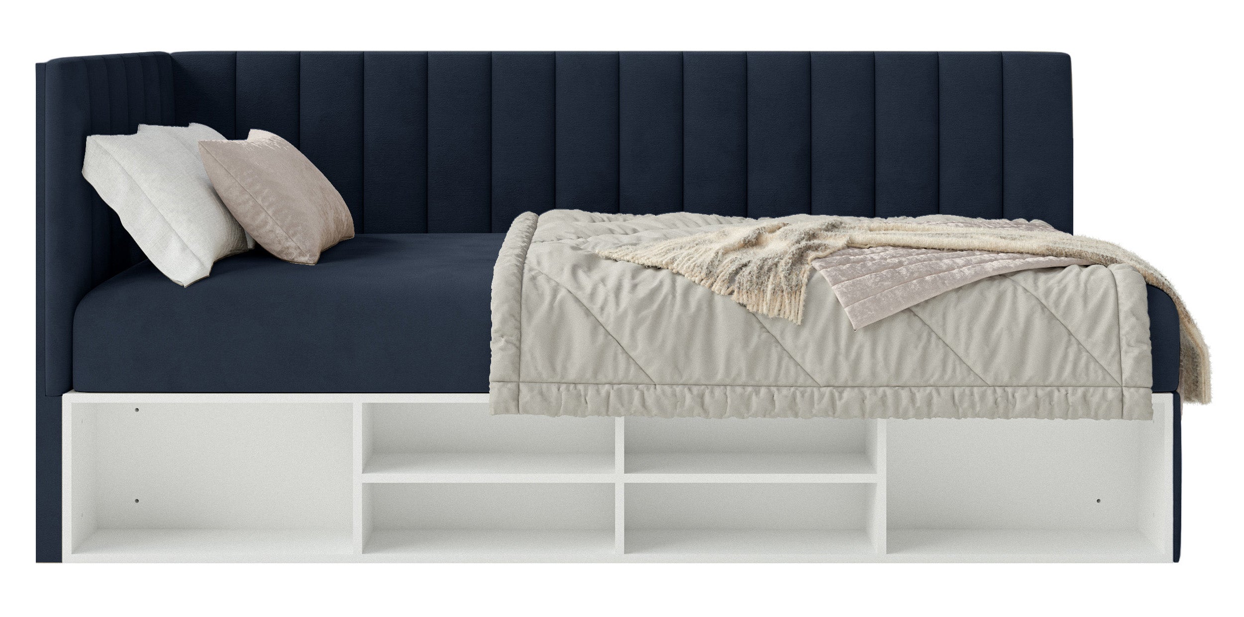 Jugendbett 90x200 cm Ventrio linksseitig mit Stauraum und Regalen, marineblauer Velours, wasserabweisend und pflegeleicht