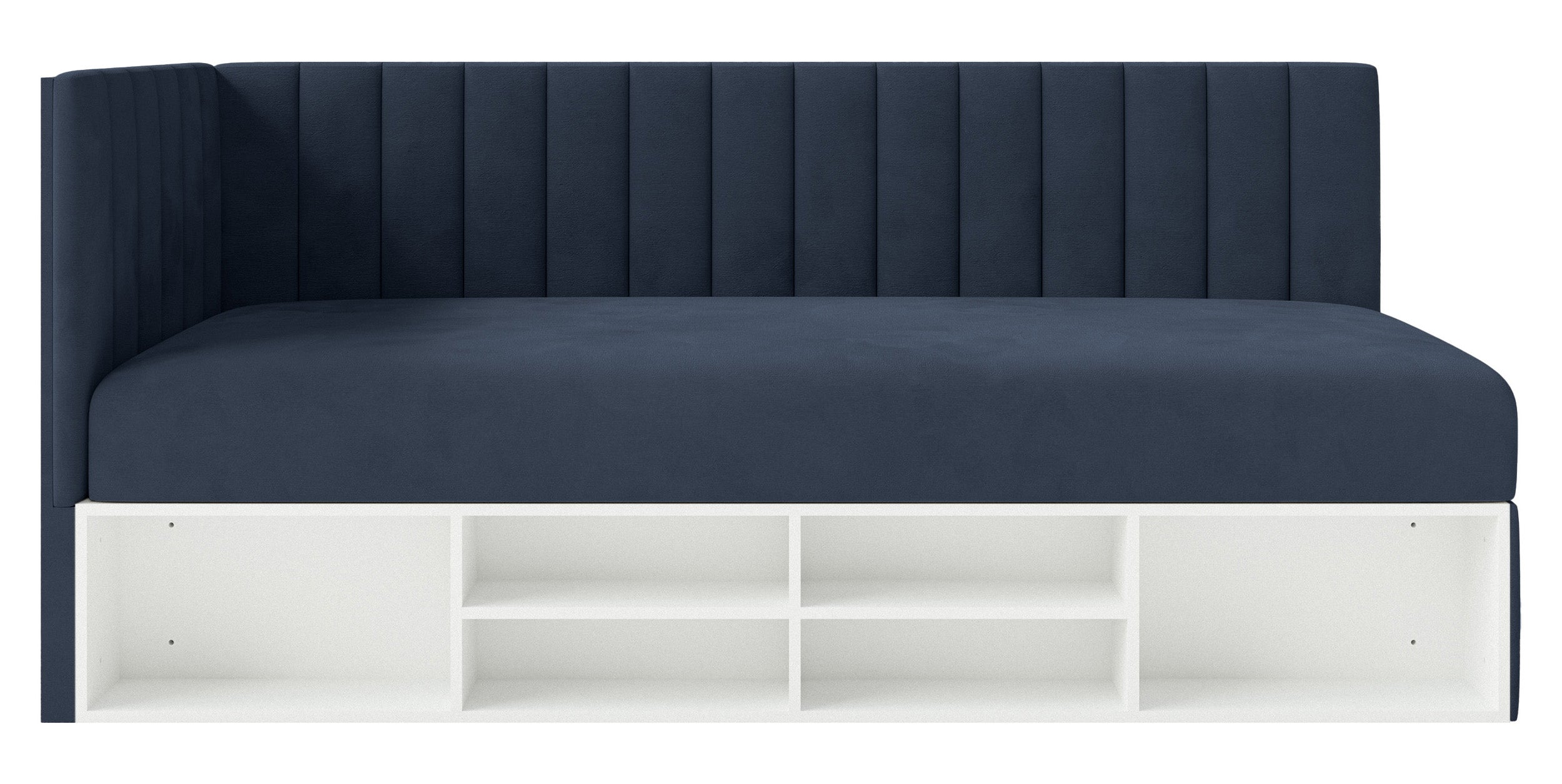 Jugendbett 90x200 cm Ventrio linksseitig mit Stauraum und Regalen, marineblauer Velours, wasserabweisend und pflegeleicht