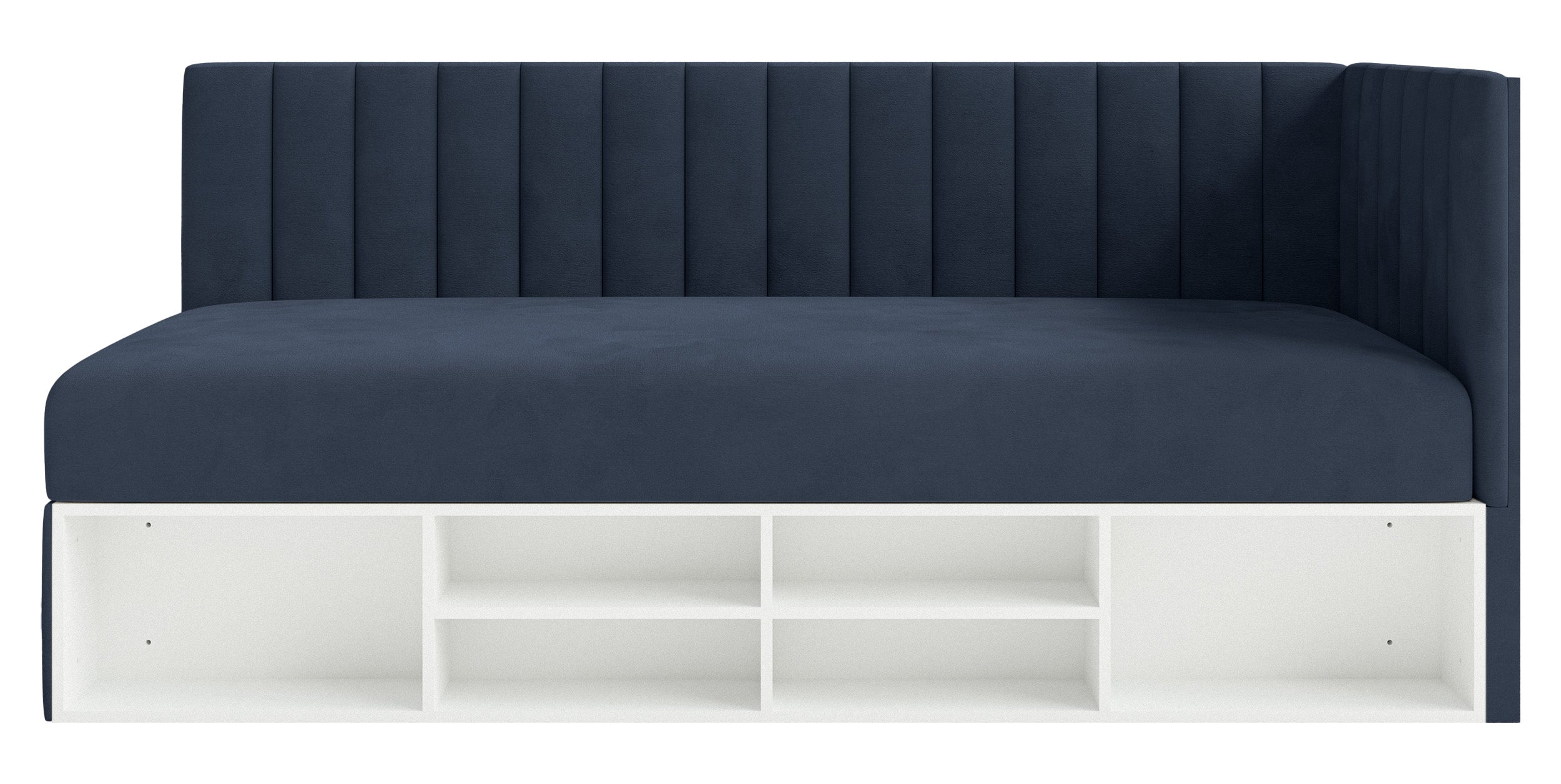 Jugendbett 90x200 cm Ventrio rechtsseitig mit Stauraum und Regalen, marineblauer Velours, hydrophob und pflegeleicht