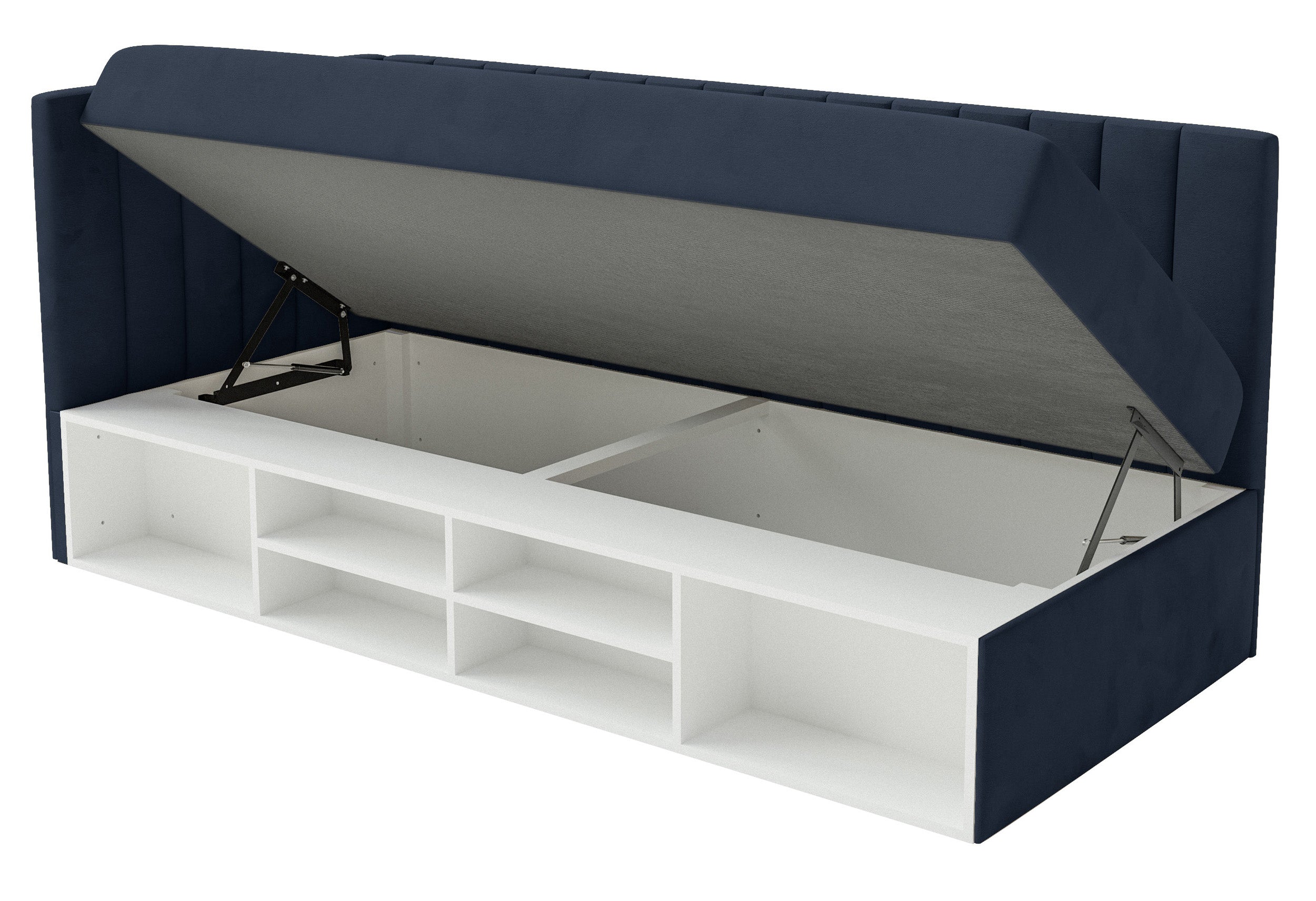 Jugendbett 90x200 cm Ventrio linksseitig mit Stauraum und Regalen, marineblauer Velours, wasserabweisend und pflegeleicht