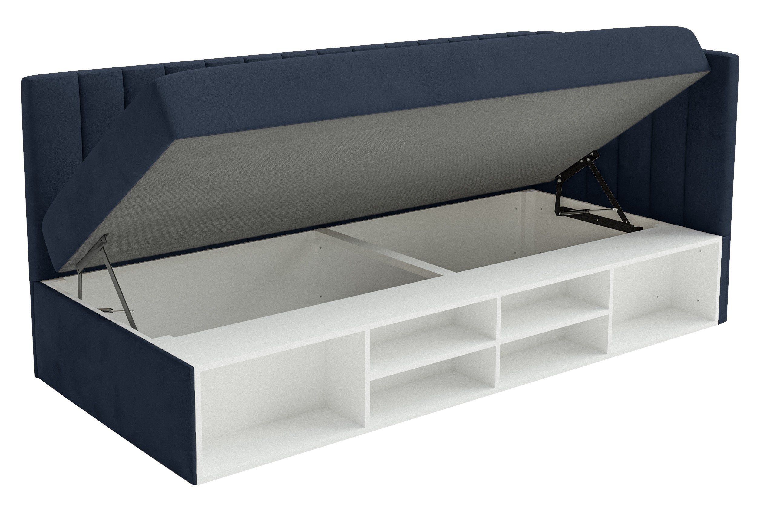 Jugendbett 90x200 cm Ventrio rechtsseitig mit Stauraum und Regalen, marineblauer Velours, hydrophob und pflegeleicht