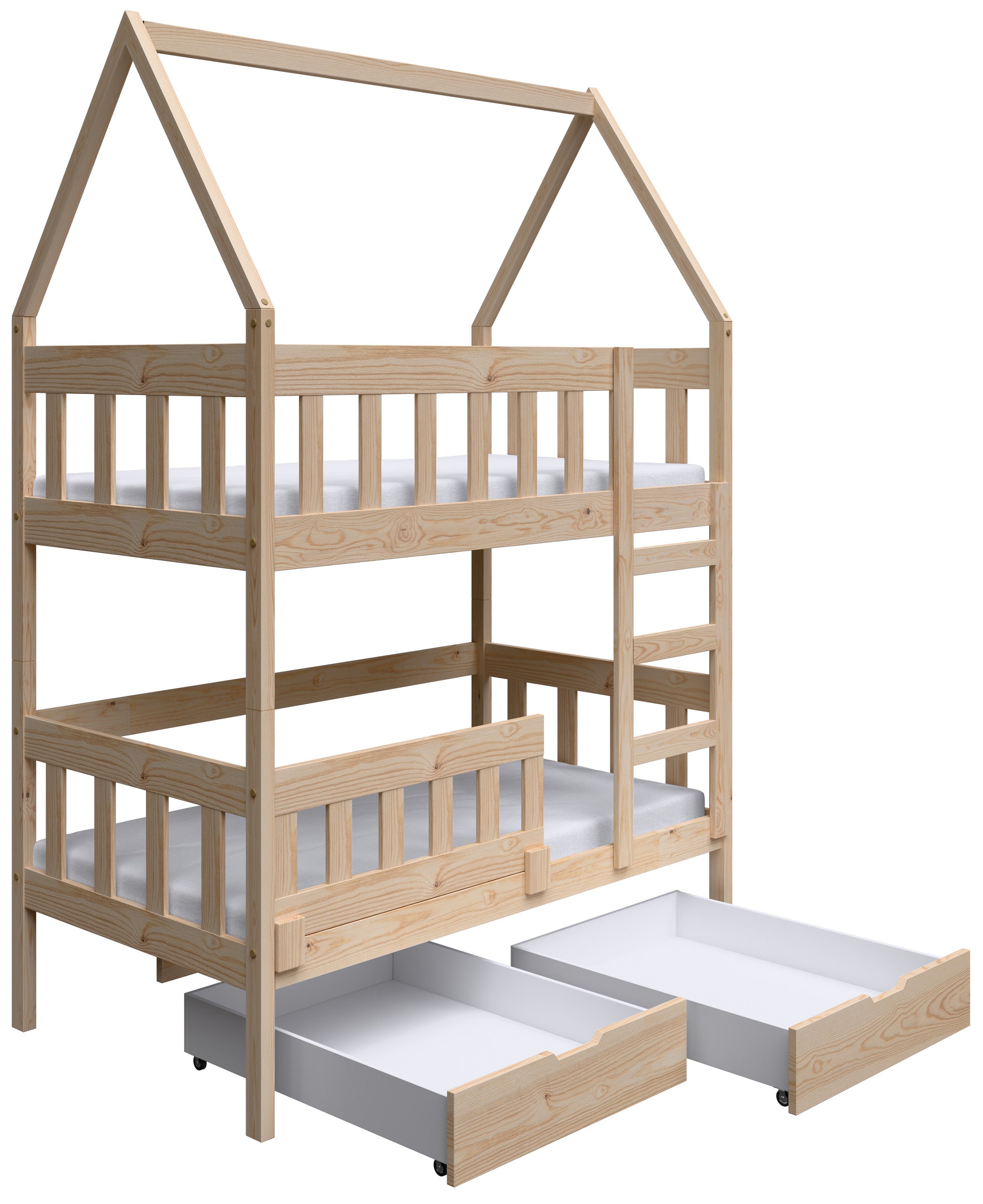 Etagenbett 75x180 cm Vistena für zwei Personen, Hausform mit Schubladen, Kiefer