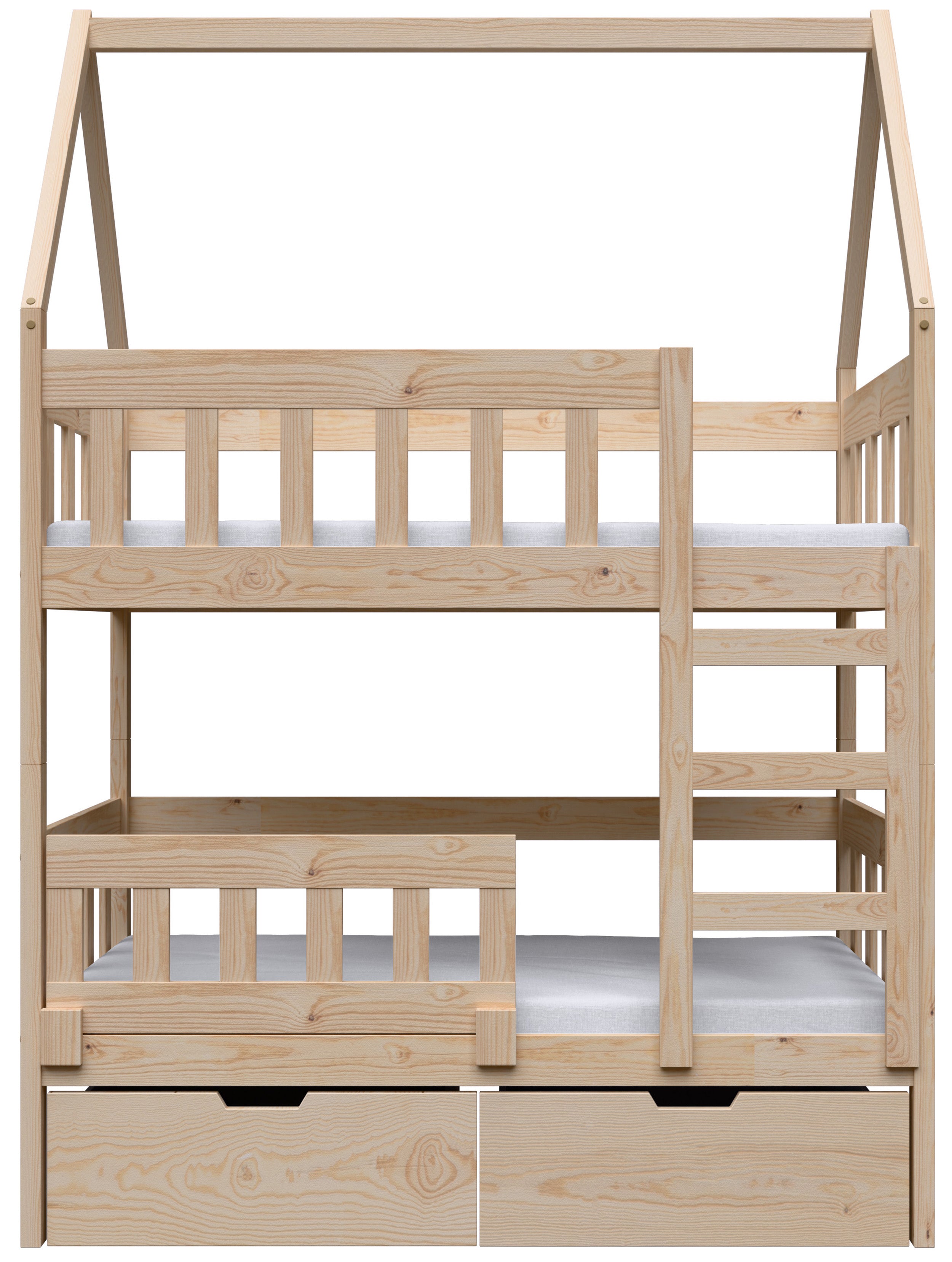 Etagenbett 75x180 cm Vistena für zwei Personen, Hausform mit Schubladen, Kiefer