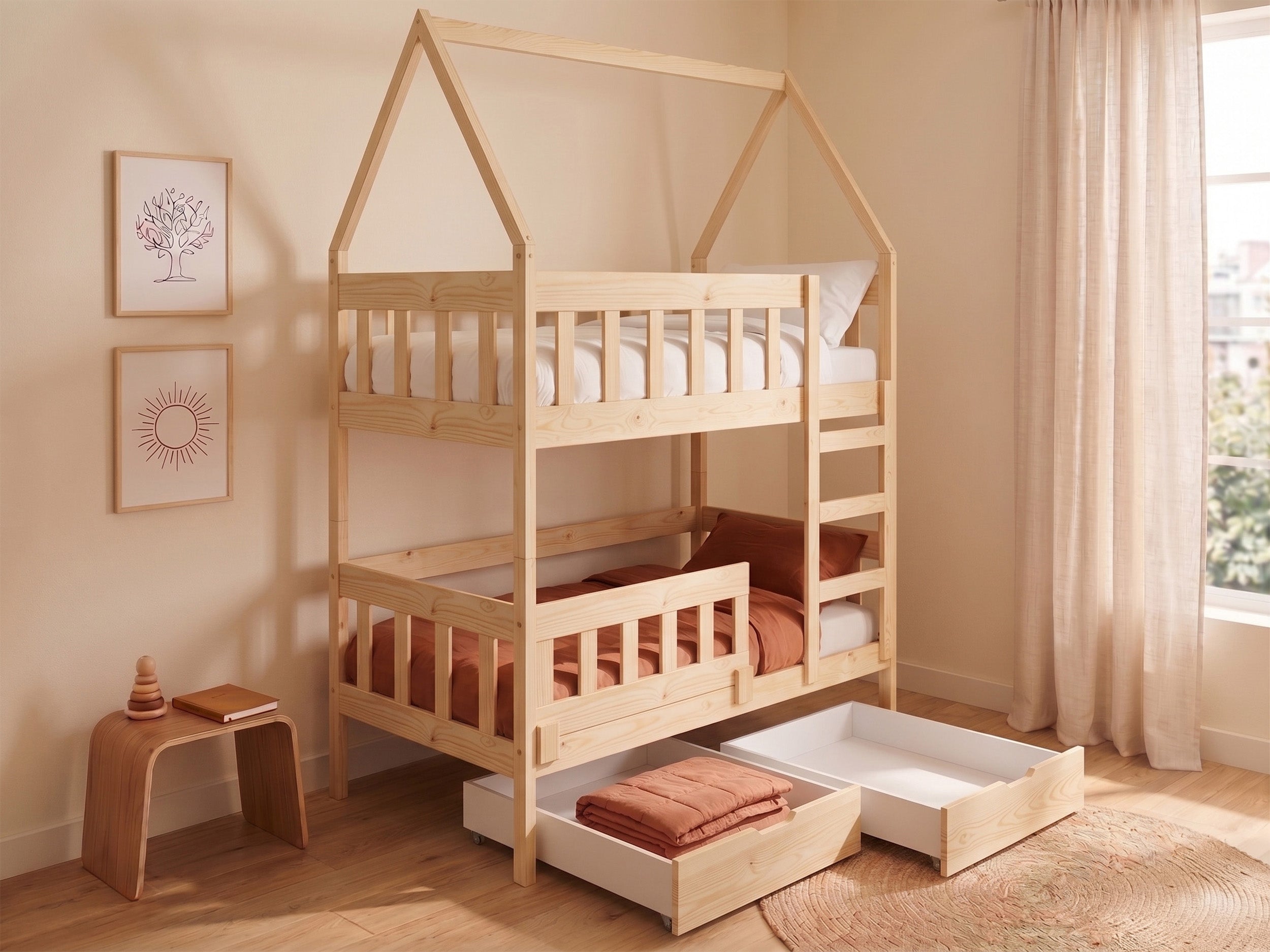 Etagenbett 75x180 cm Vistena für zwei Personen, Hausform mit Schubladen, Kiefer