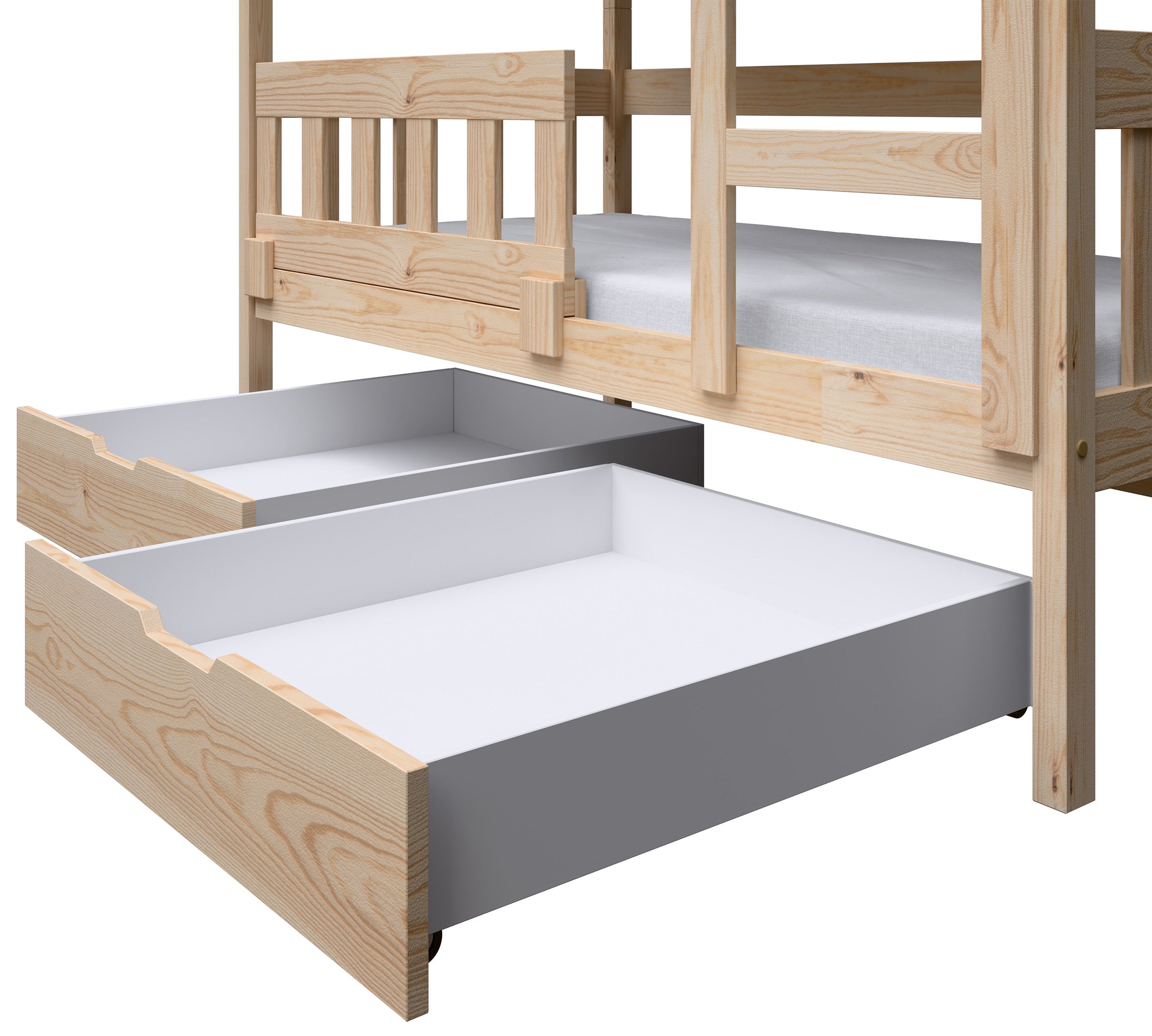 Etagenbett 75x180 cm Vistena für zwei Personen, Hausform mit Schubladen, Kiefer