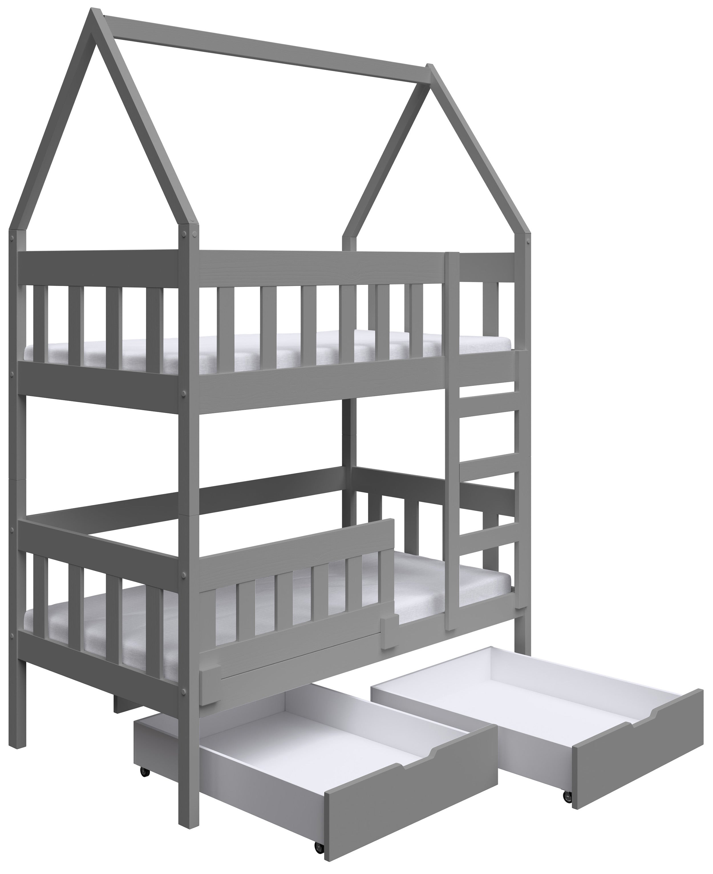 Etagenbett 75x180 cm Vistena, Doppelbett, Haus-Design, mit Matratzen und Schubladen, grau
