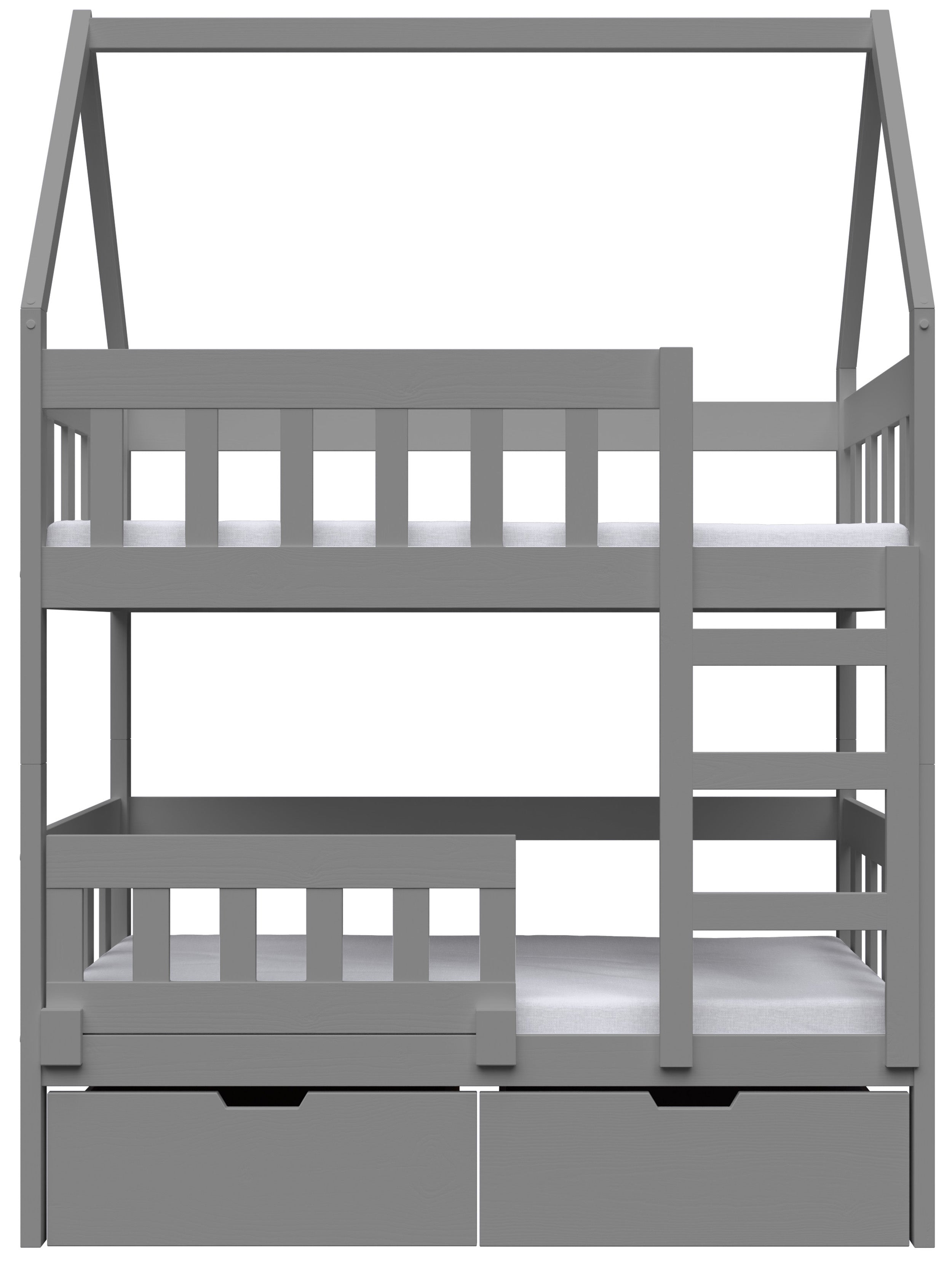 Etagenbett 75x180 cm Vistena, Doppelbett, Haus-Design, mit Matratzen und Schubladen, grau