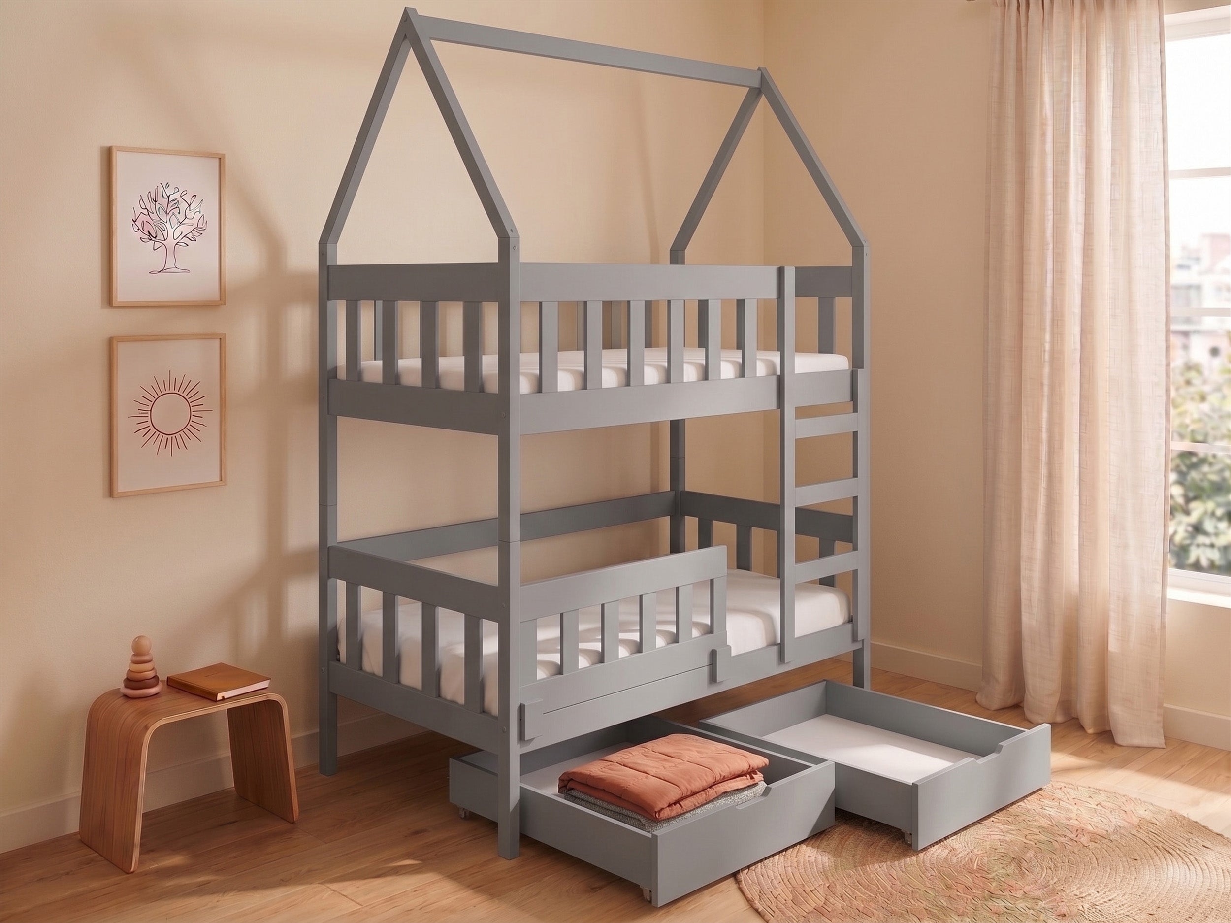 Etagenbett 75x180 cm Vistena, Doppelbett, Haus-Design, mit Matratzen und Schubladen, grau