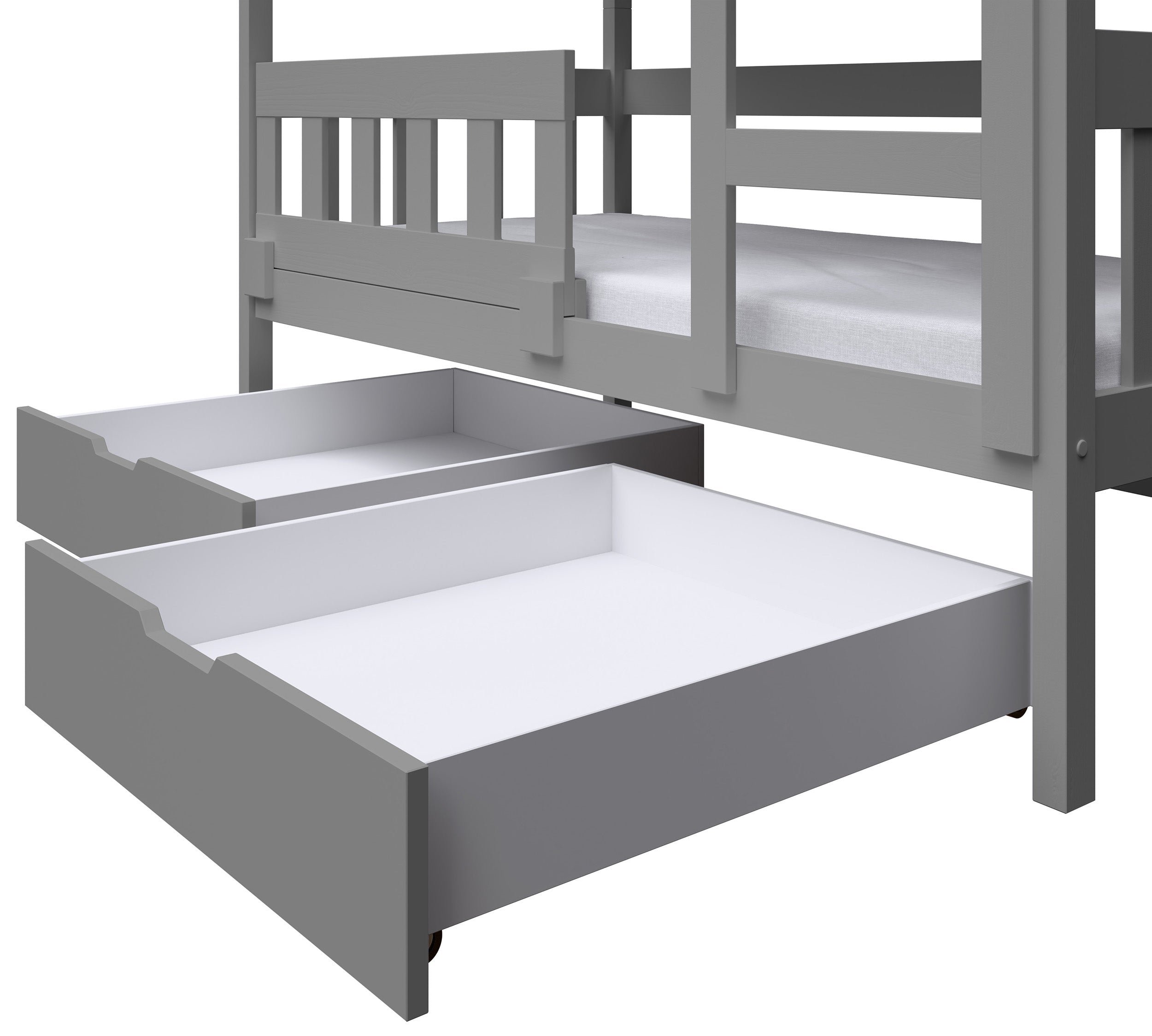 Etagenbett 75x180 cm Vistena, Doppelbett, Haus-Design, mit Matratzen und Schubladen, grau