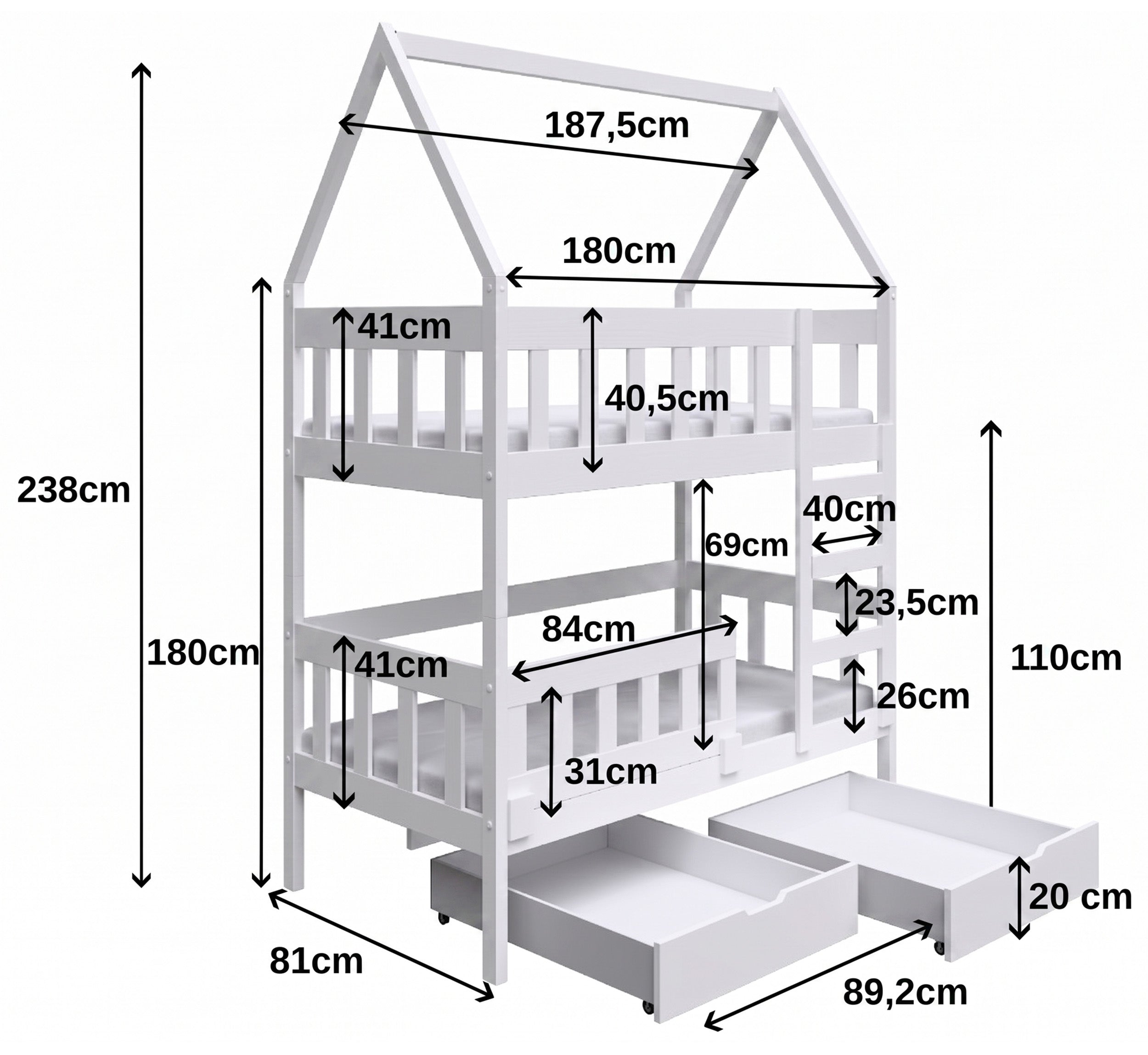 Etagenbett 75x180 cm Vistena, Doppelbett, Haus-Design, mit Matratzen und Schubladen, grau