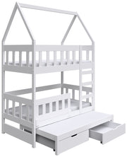 Etagenbett 75x180 cm Vistena für drei Personen, Hausform mit Schubladen, weiß