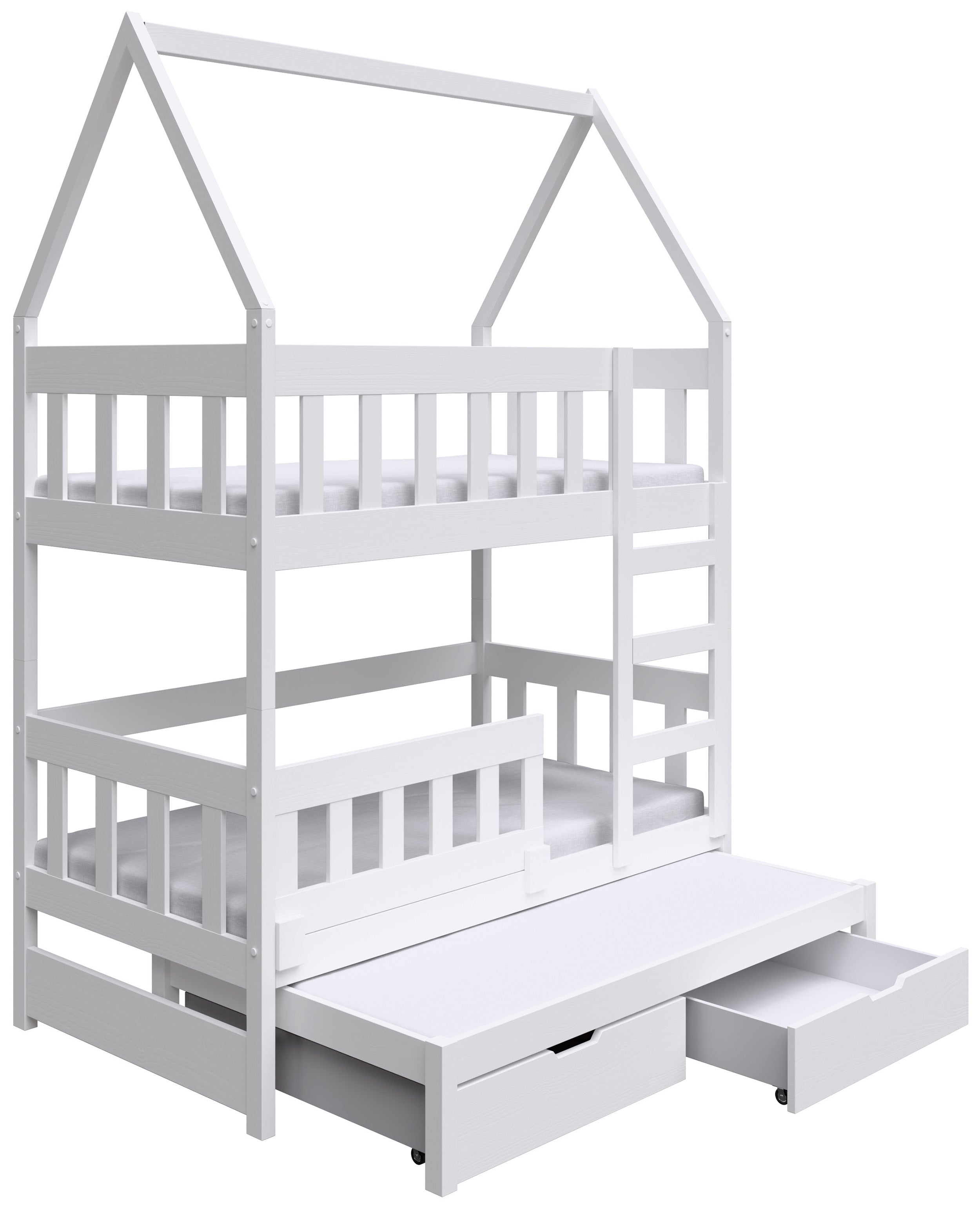 Etagenbett 75x180 cm Vistena für drei Personen, Hausform mit Schubladen, weiß