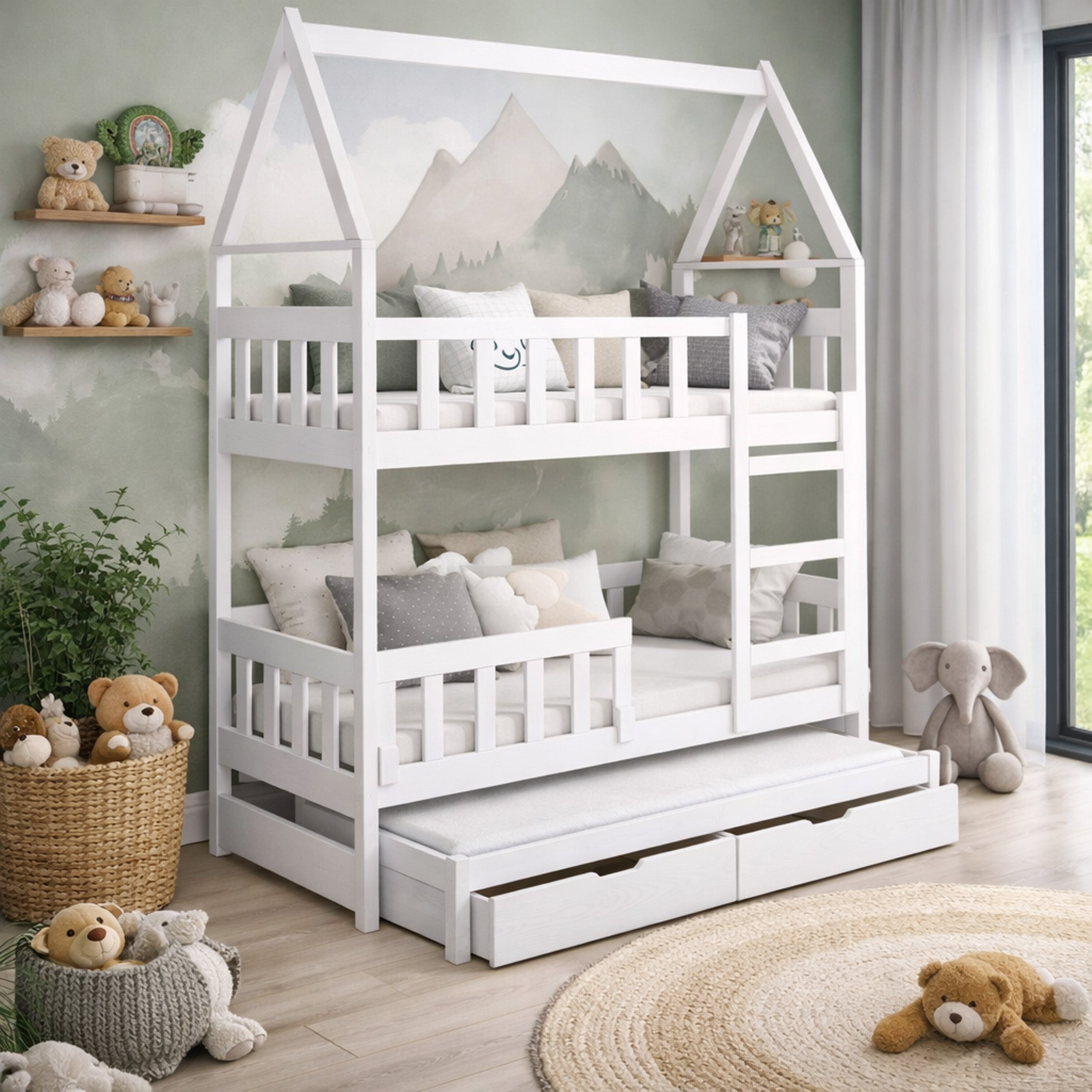 Etagenbett 75x180 cm Vistena für drei Personen, Hausform mit Schubladen, weiß