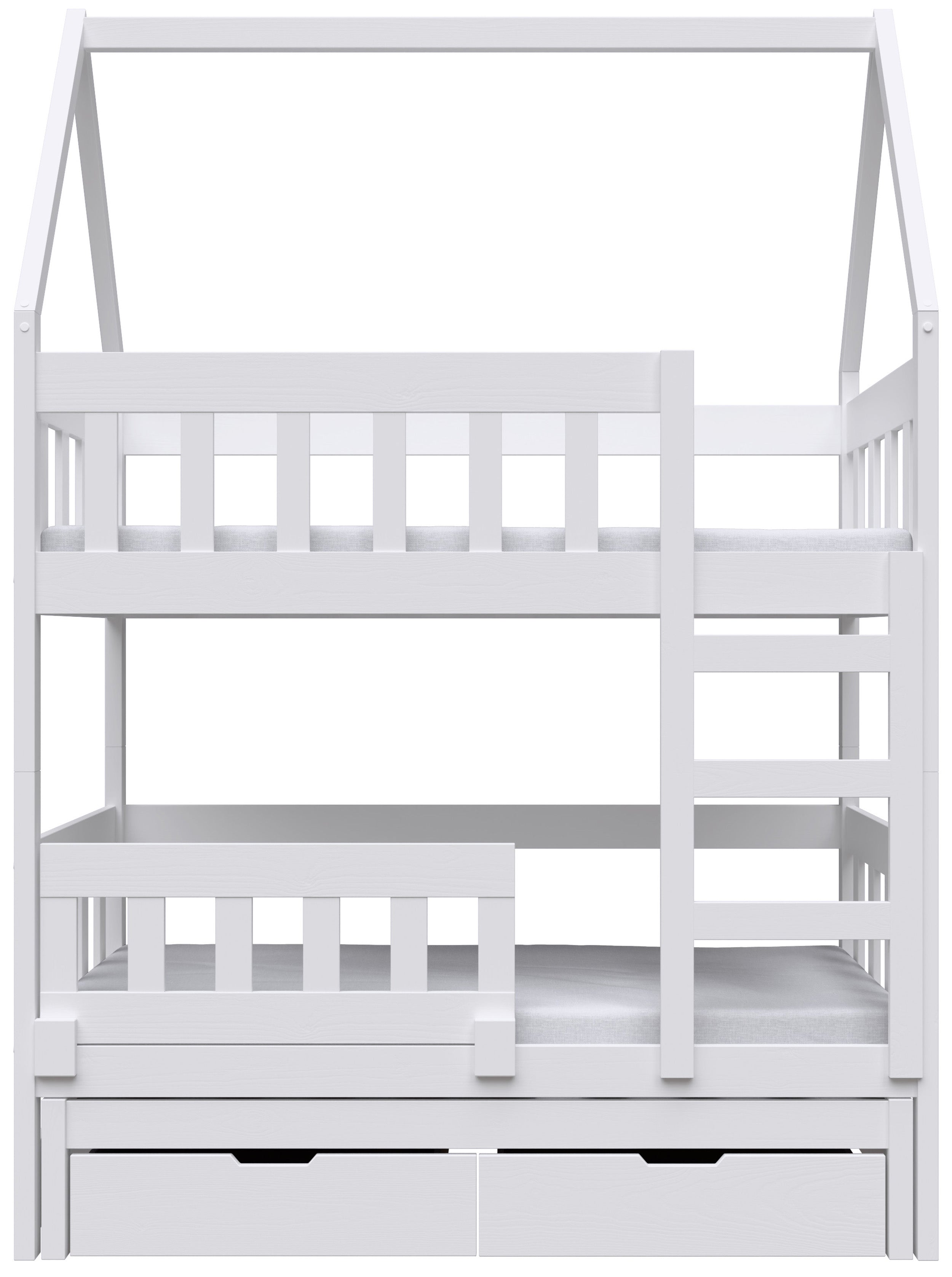 Etagenbett 75x180 cm Vistena für drei Personen, Hausform mit Schubladen, weiß