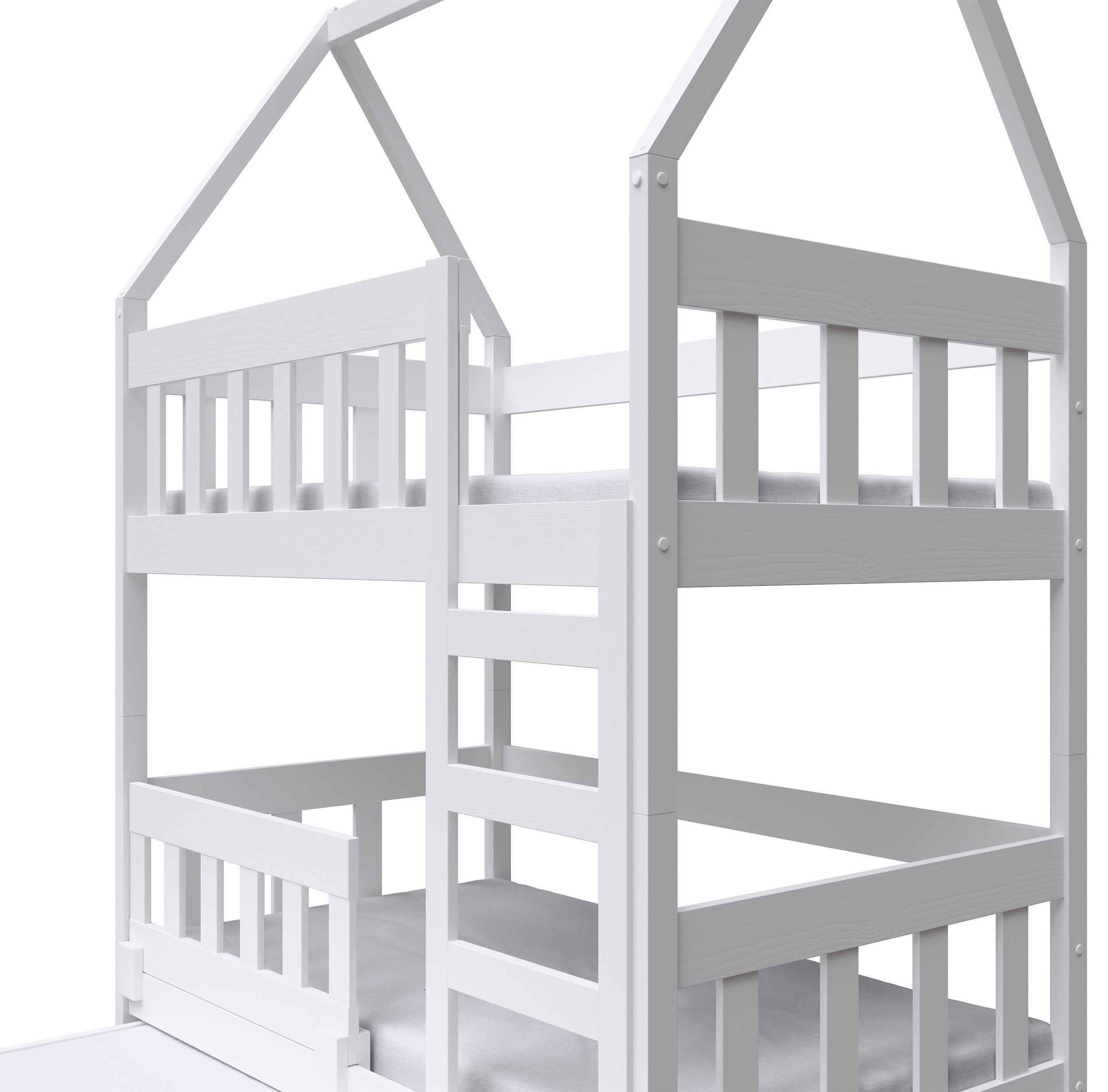 Etagenbett 75x180 cm Vistena für drei Personen, Hausform mit Schubladen, weiß
