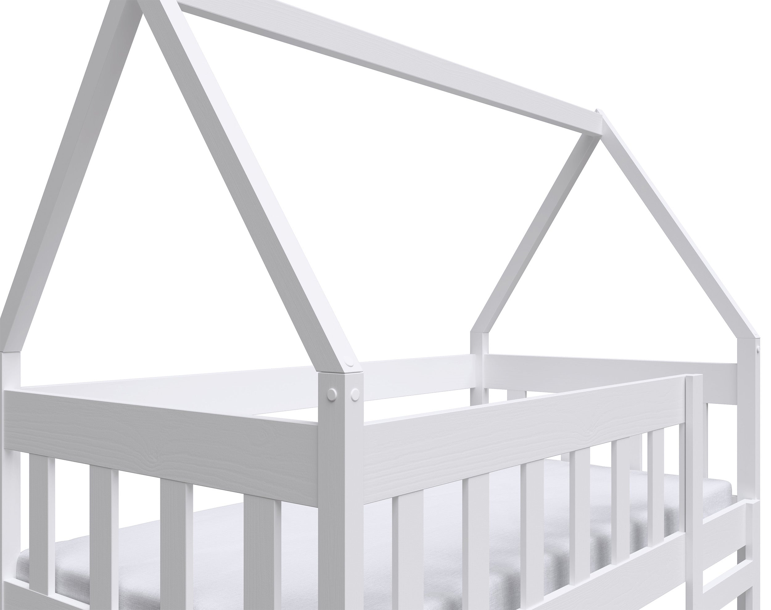 Etagenbett 75x180 cm Vistena für drei Personen, Hausform mit Schubladen, weiß