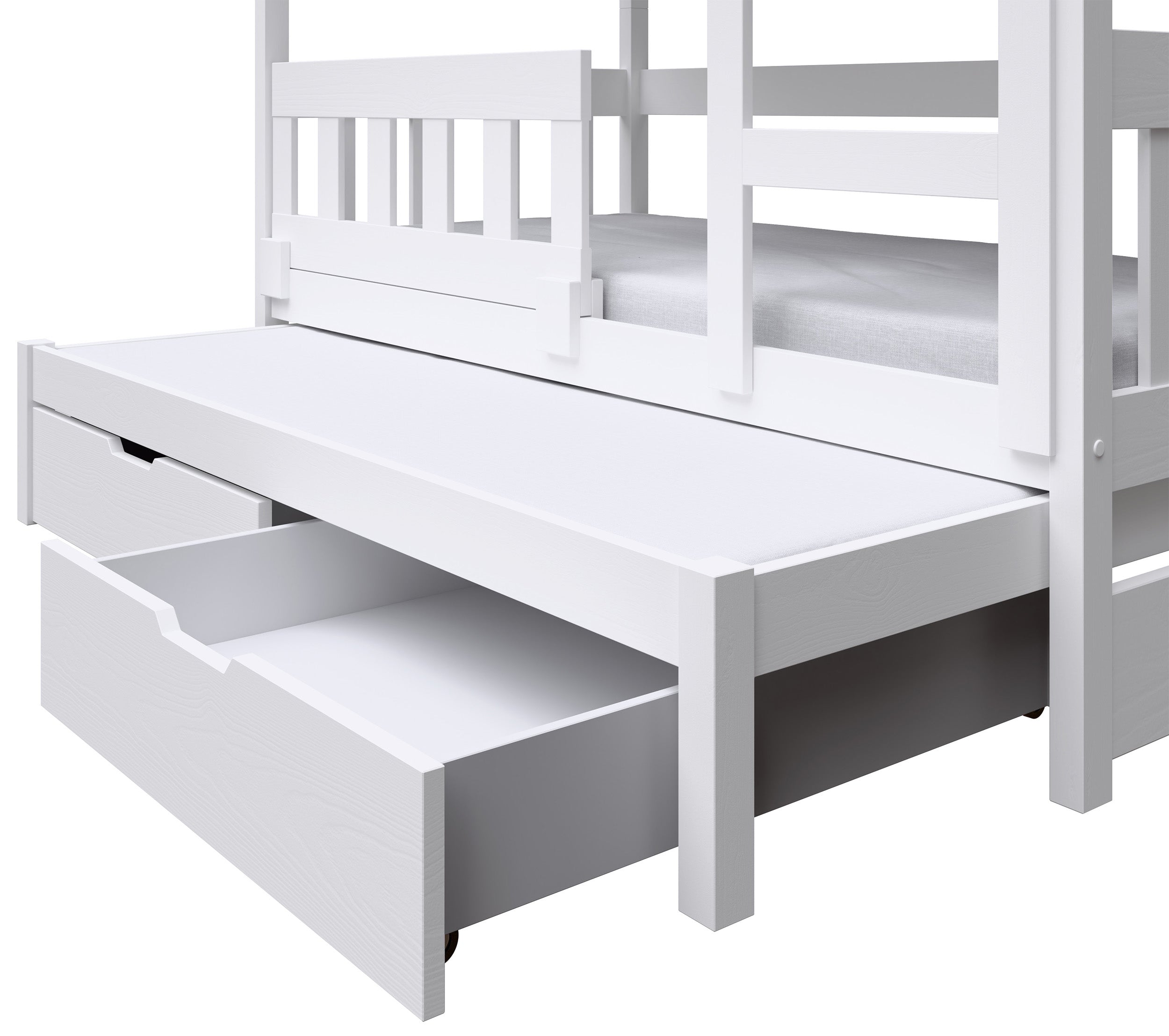Etagenbett 75x180 cm Vistena für drei Personen, Hausform mit Schubladen, weiß
