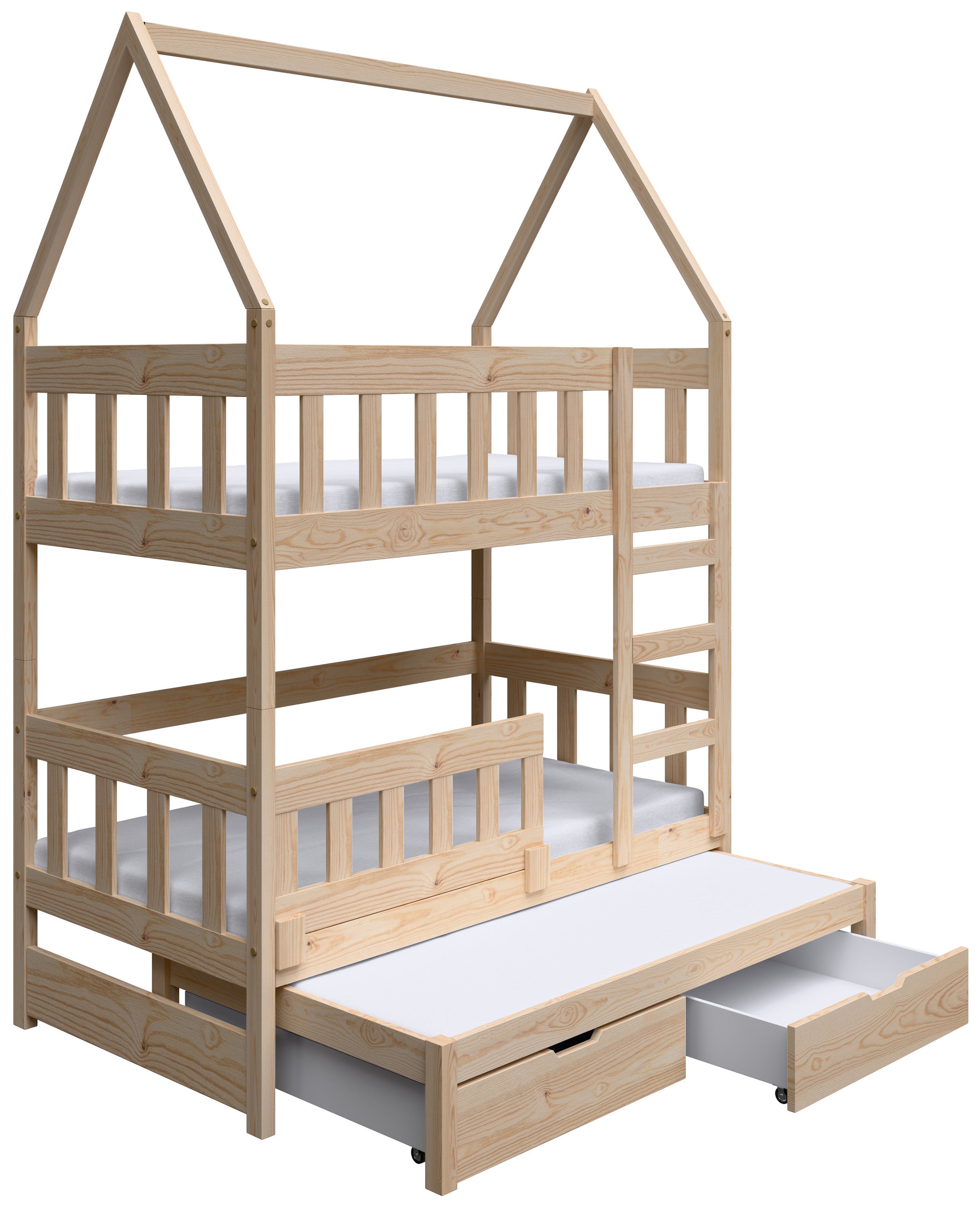 Etagenbett 75x180 cm Vistena für drei Personen, Hausform mit Schubladen, Kiefernholz