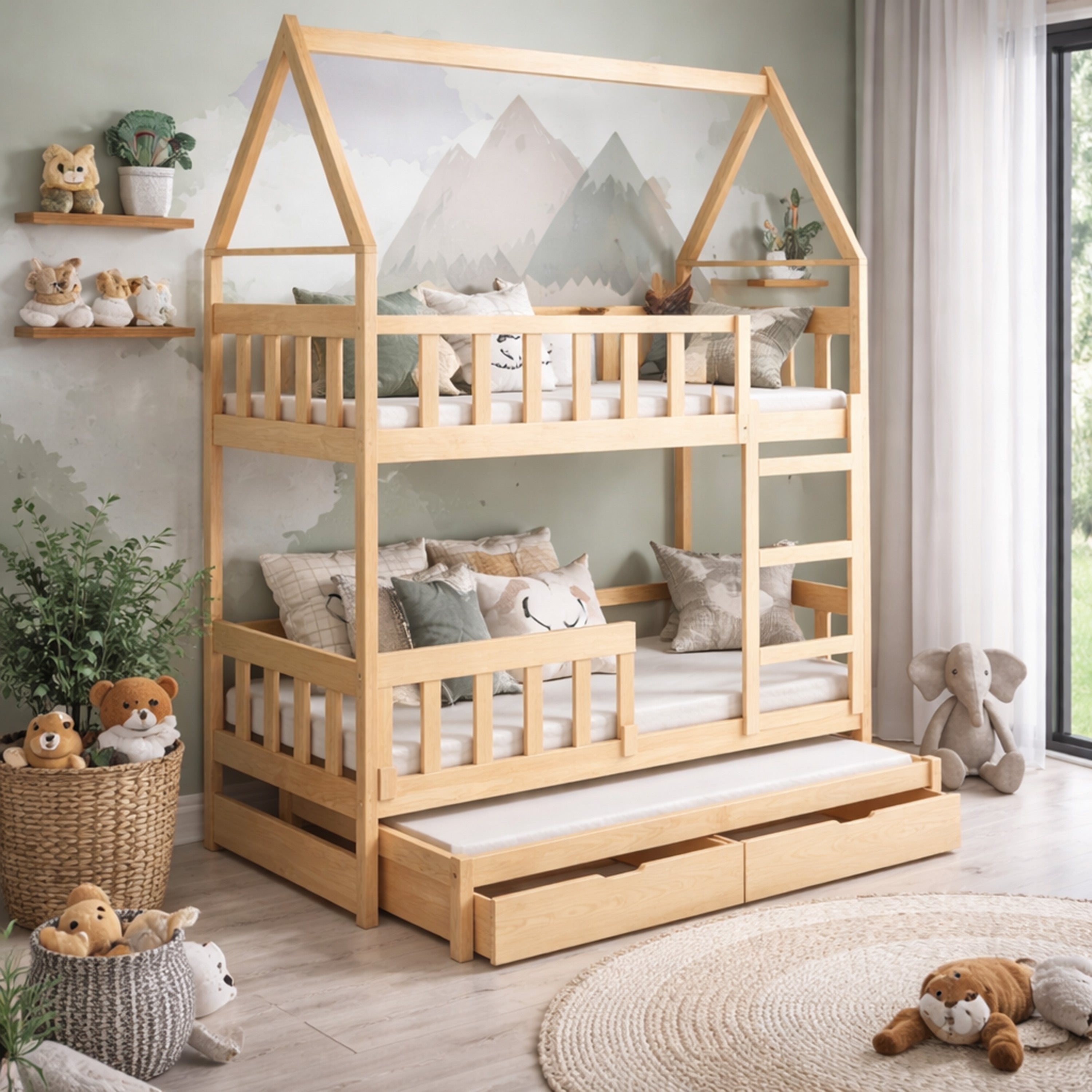 Etagenbett 75x180 cm Vistena für drei Personen, Hausform mit Schubladen, Kiefernholz