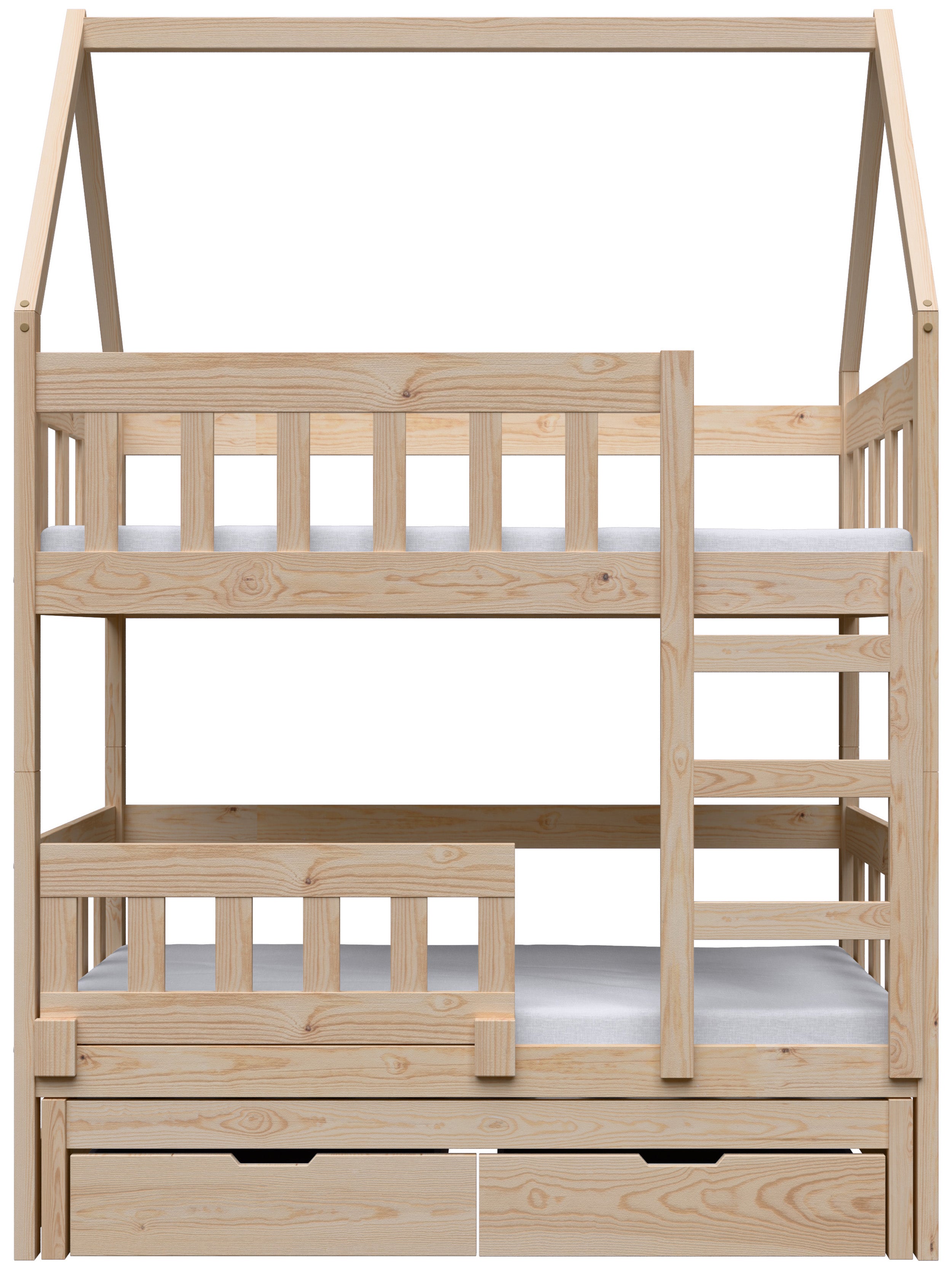 Etagenbett 75x180 cm Vistena für drei Personen, Hausform mit Schubladen, Kiefernholz