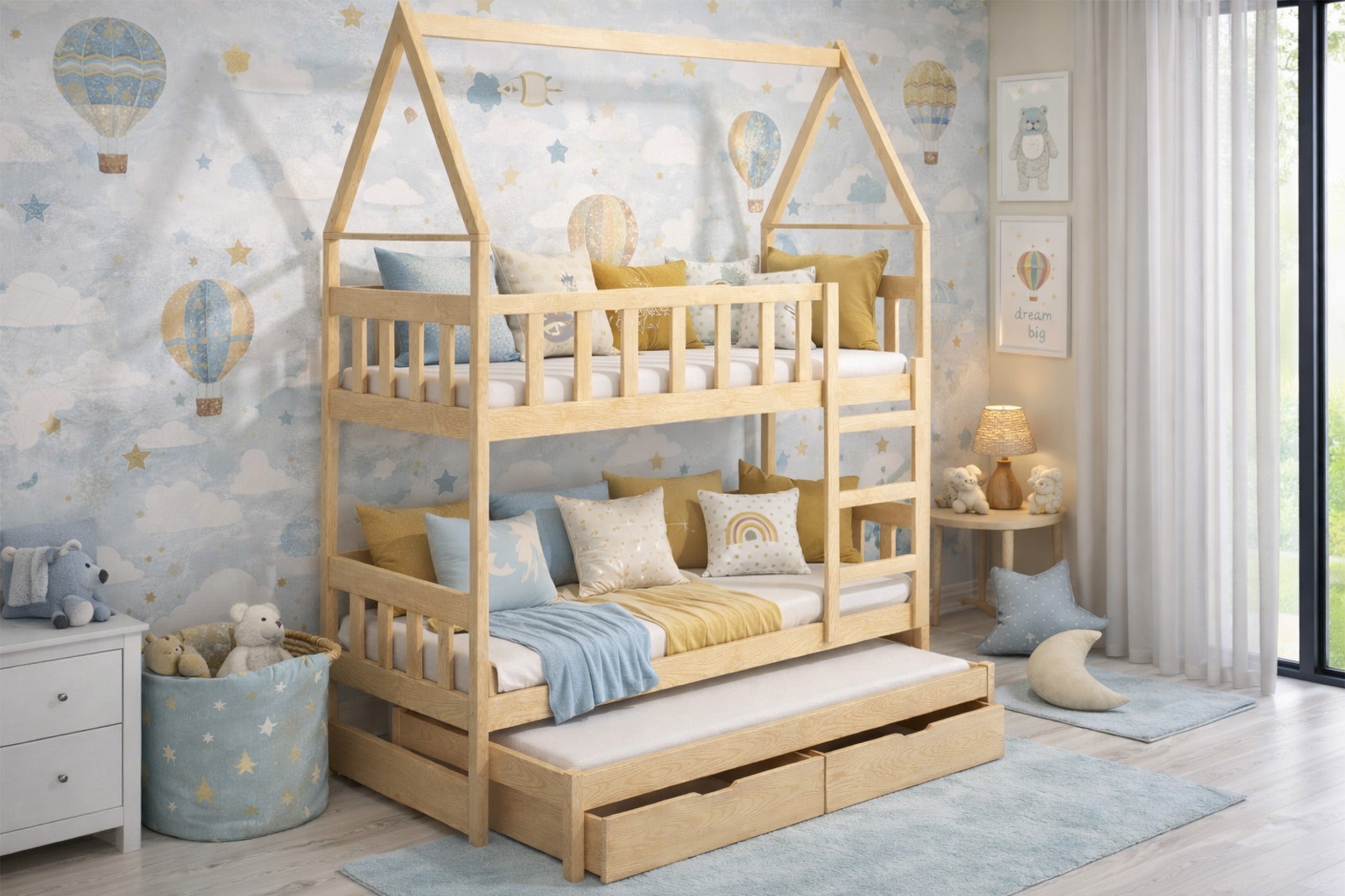Etagenbett 75x180 cm Vistena für drei Personen, Hausform mit Schubladen, Kiefernholz