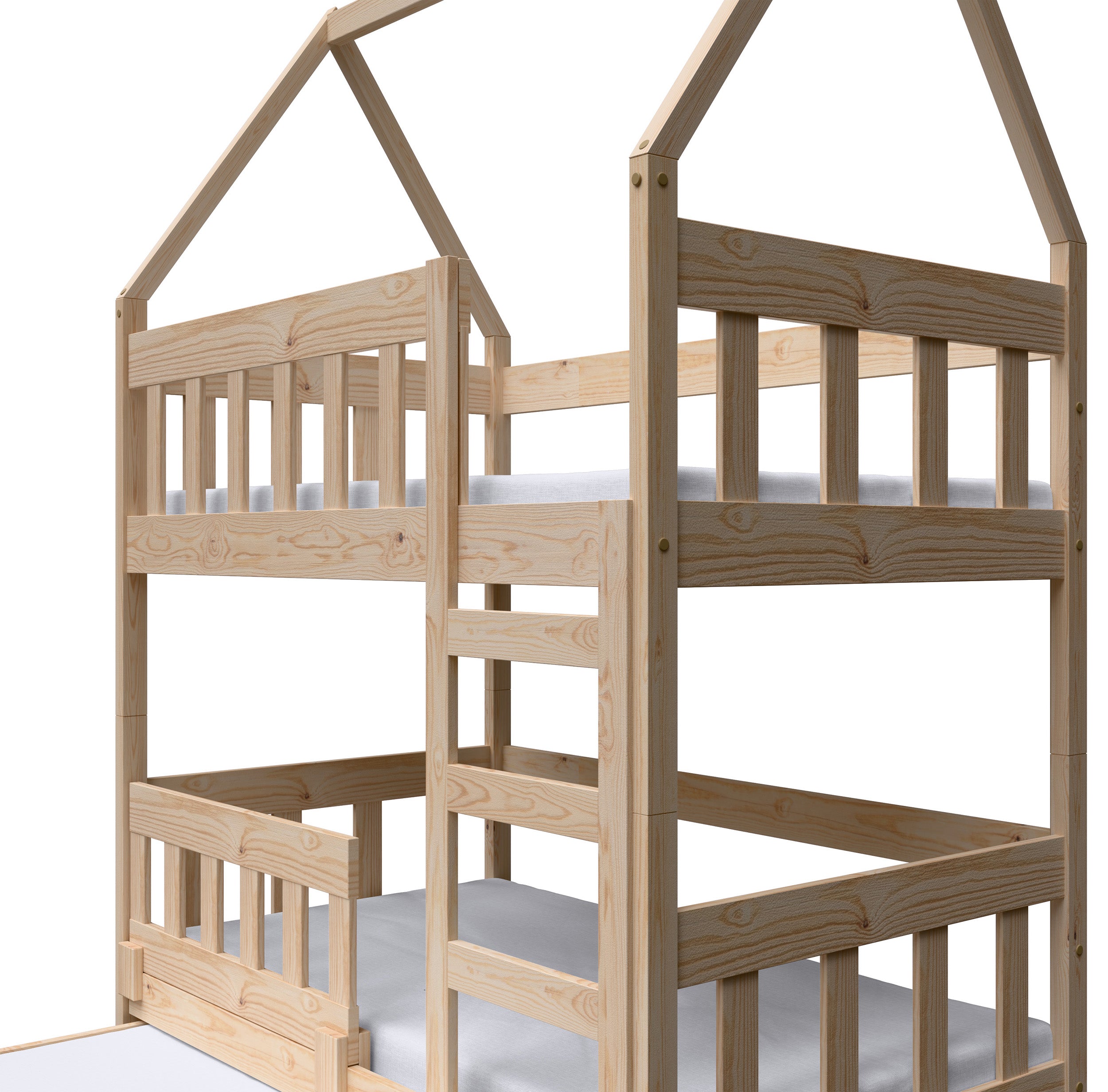 Etagenbett 75x180 cm Vistena für drei Personen, Hausform mit Schubladen, Kiefernholz